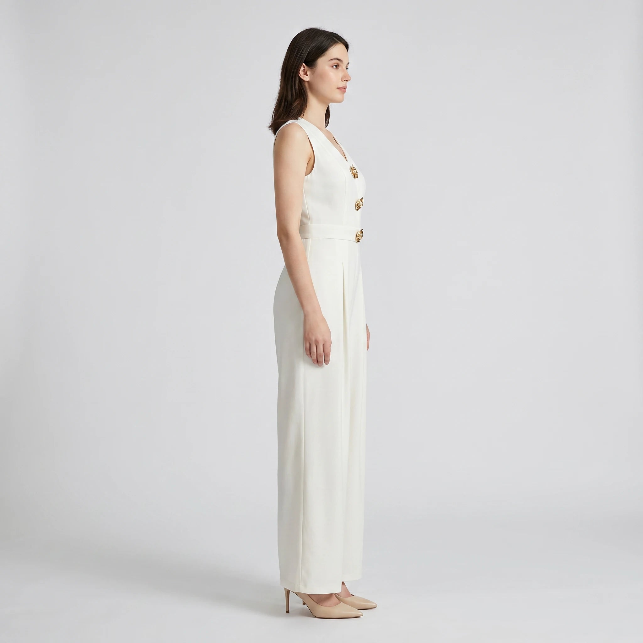 Ivory V-Neck Wide-Leg Jumpsuit WHD0605083-S-250829-1
