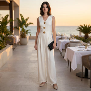 Ivory V-Neck Wide-Leg Jumpsuit WHD0605083-S-250829-1
