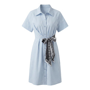 Light Blue Tie-Waist Shirt Dress WHD0605084-S-251297
