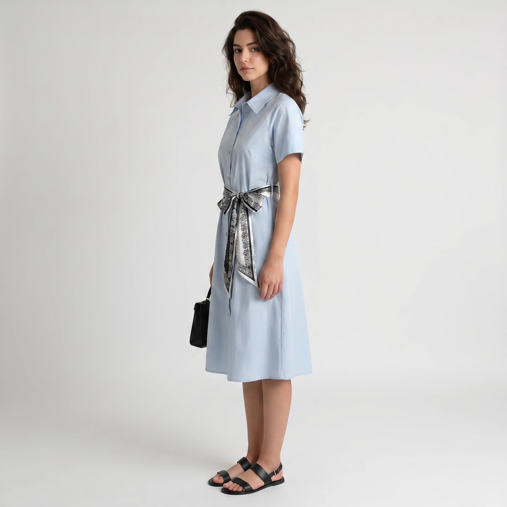 Light Blue Tie-Waist Shirt Dress WHD0605084-S-251297