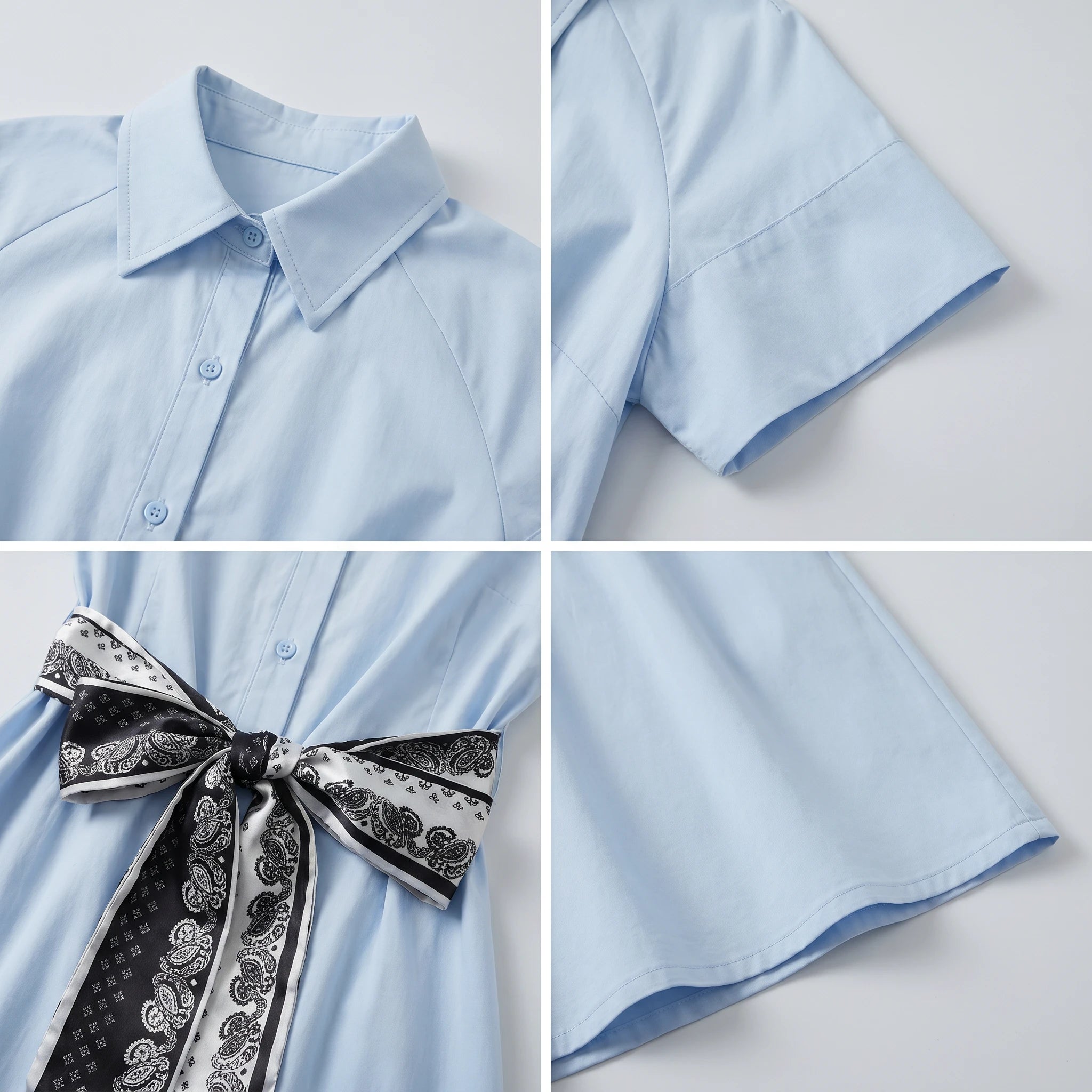 Light Blue Tie-Waist Shirt Dress WHD0605084-S-251297
