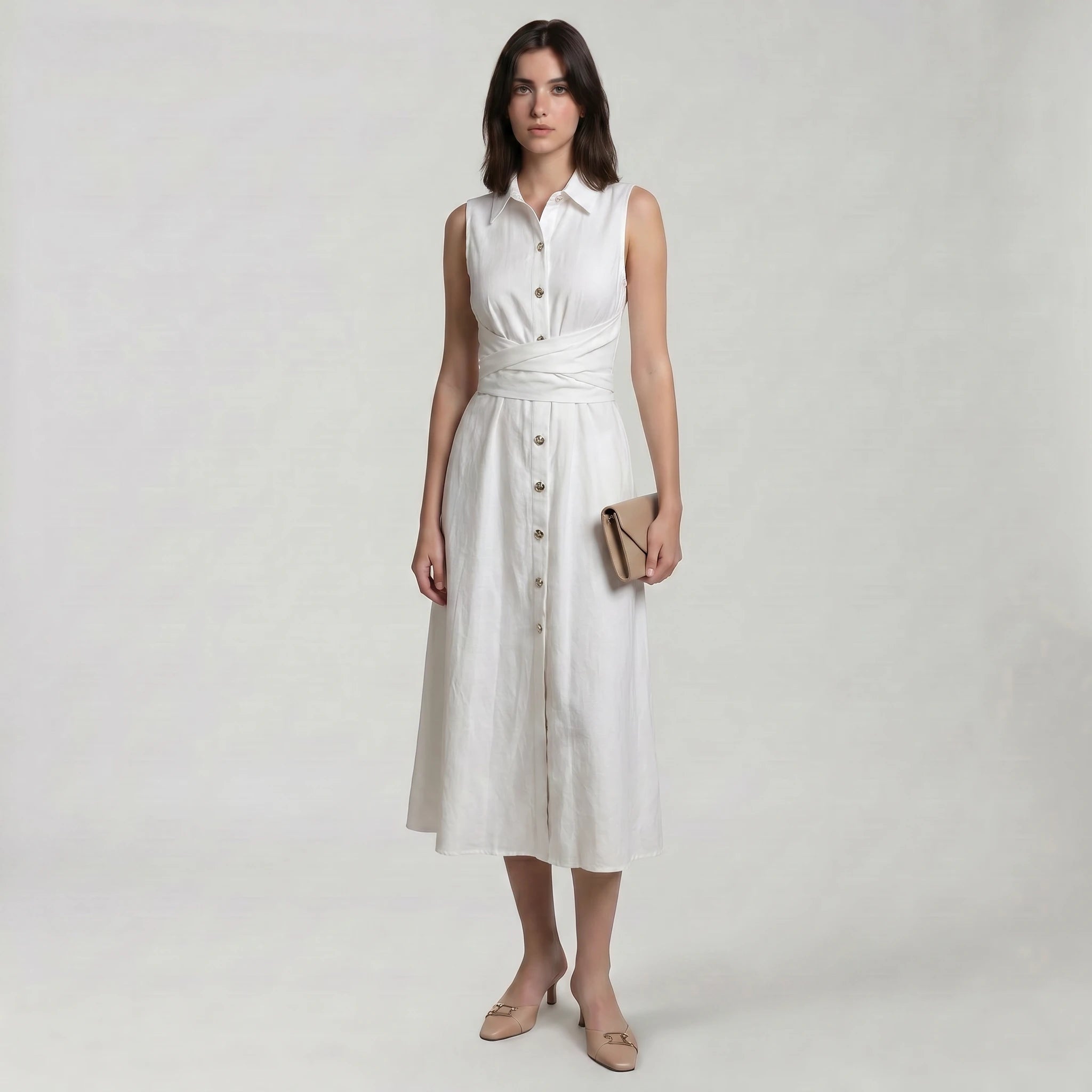 White Tie-Waist Shirt Dress WHD0605085-S-2411137