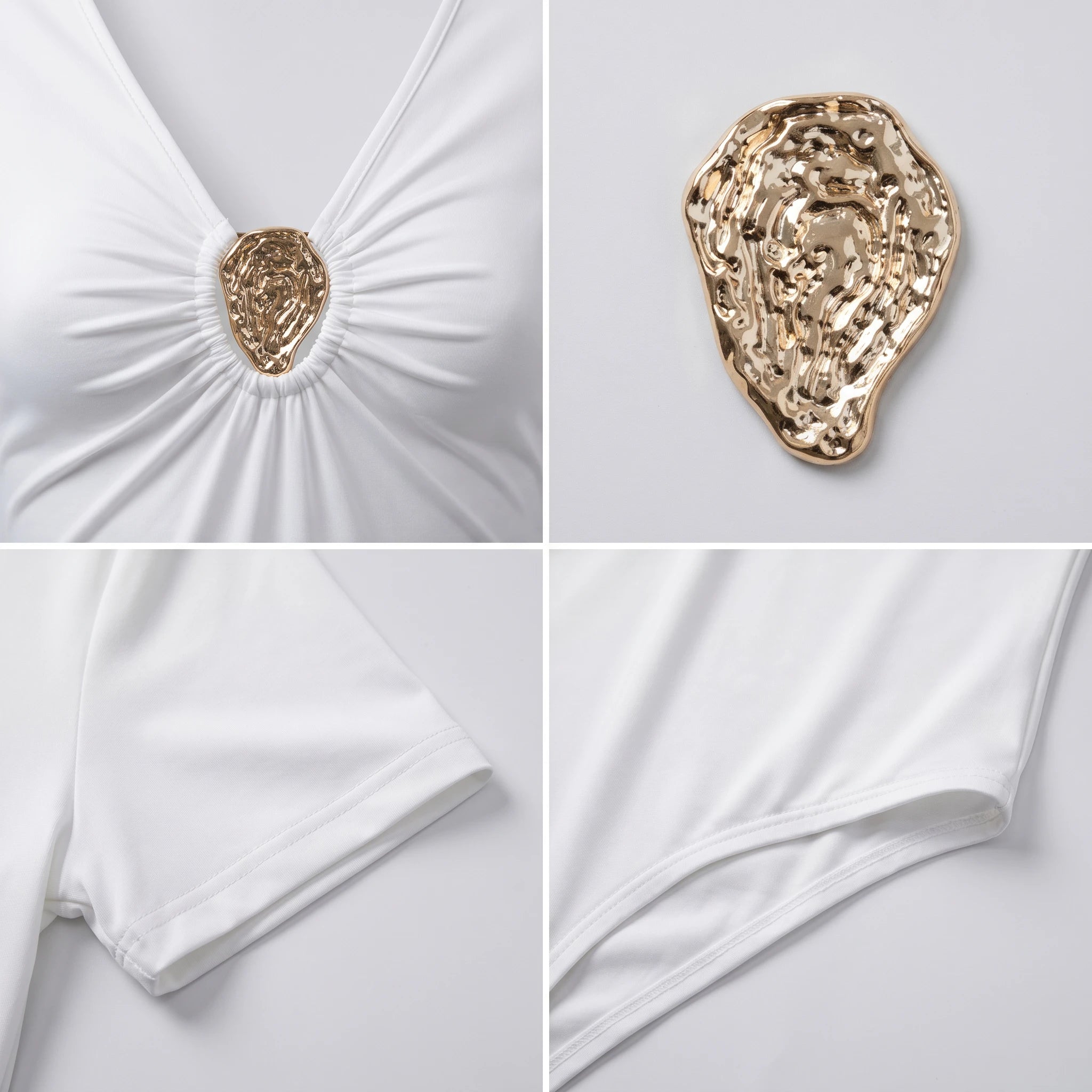 White Ruched V-Neck Bodysuit WHD0605087-S-2603198