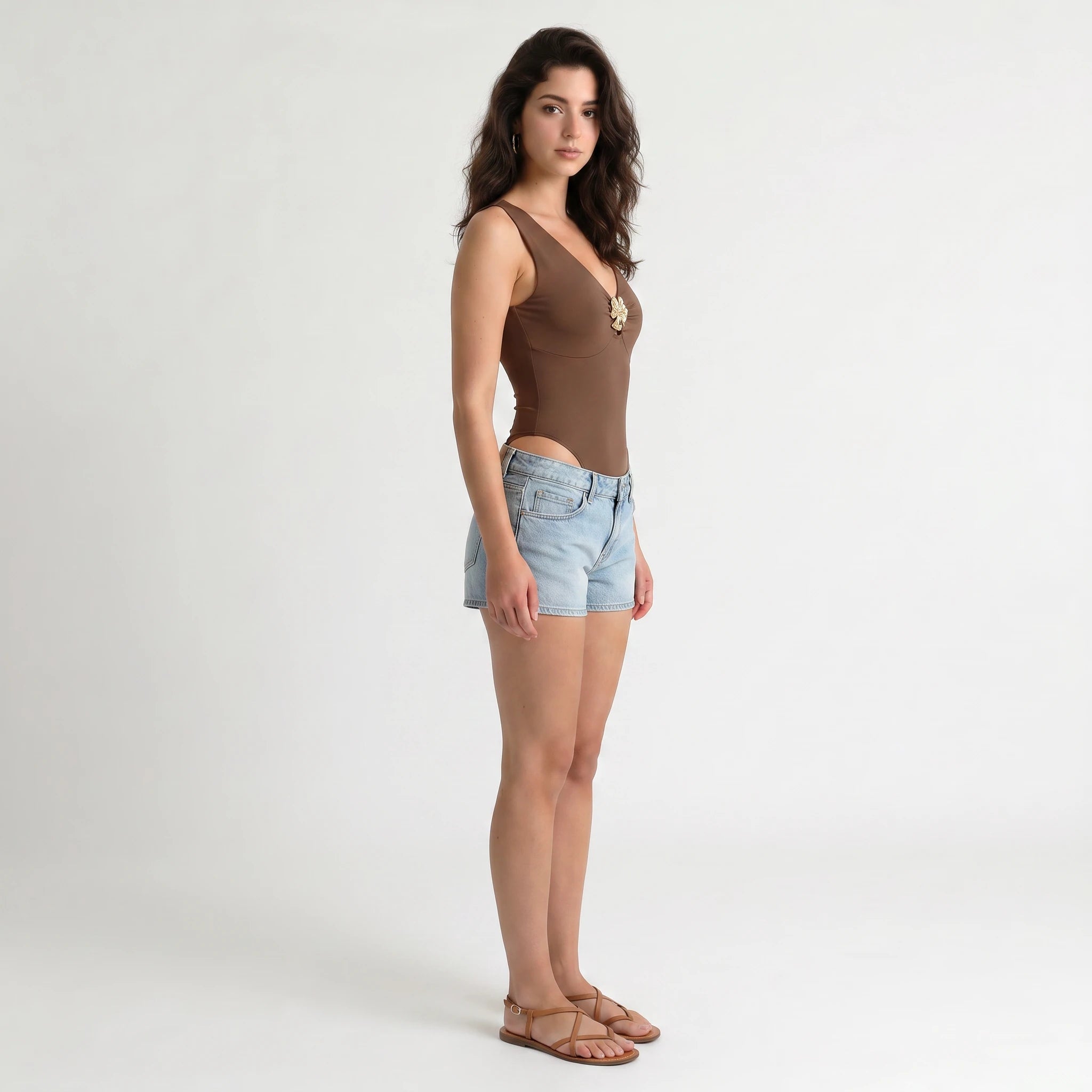 Brown Floral-Detail Bodysuit WHD0605089-S-2512163