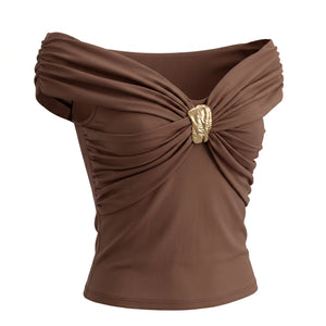 Brown Ruched Off-Shoulder Top WHD0605091-S-2512143