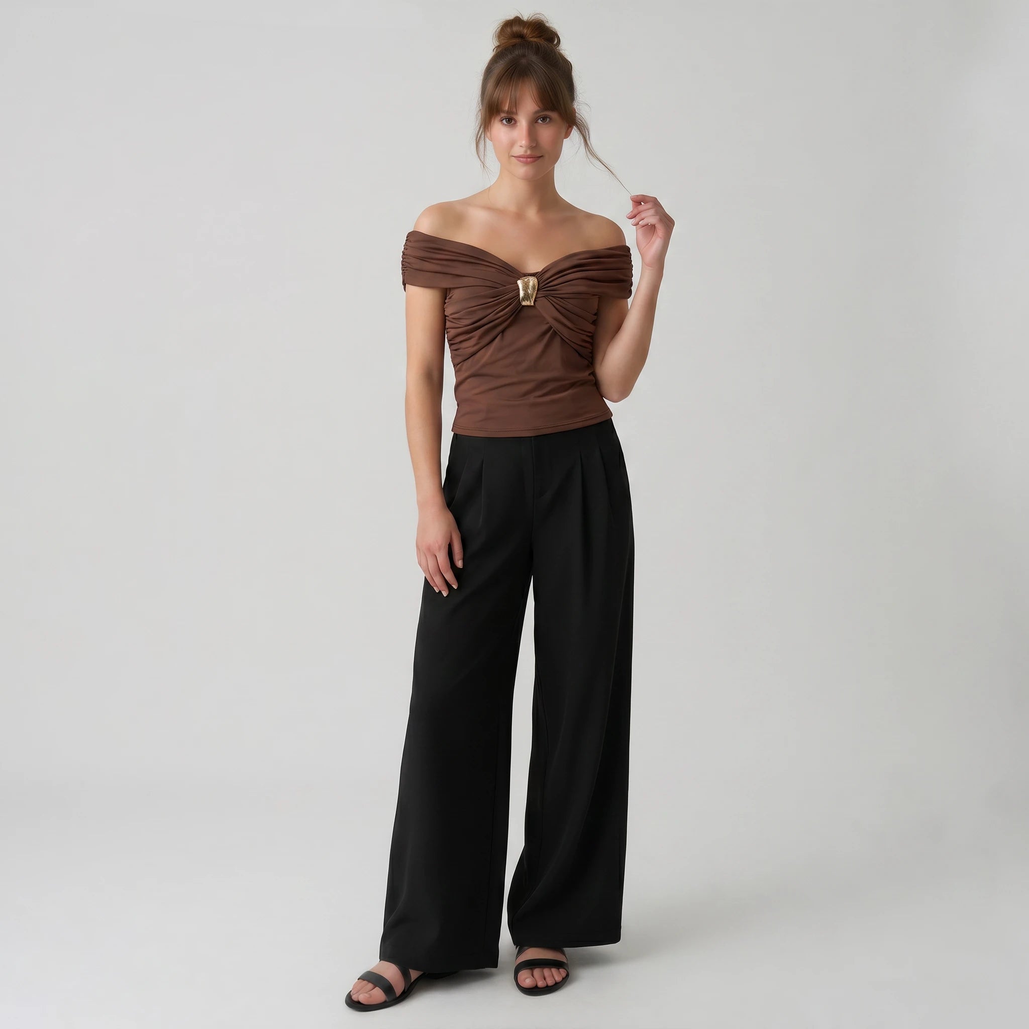 Brown Ruched Off-Shoulder Top WHD0605091-S-2512143