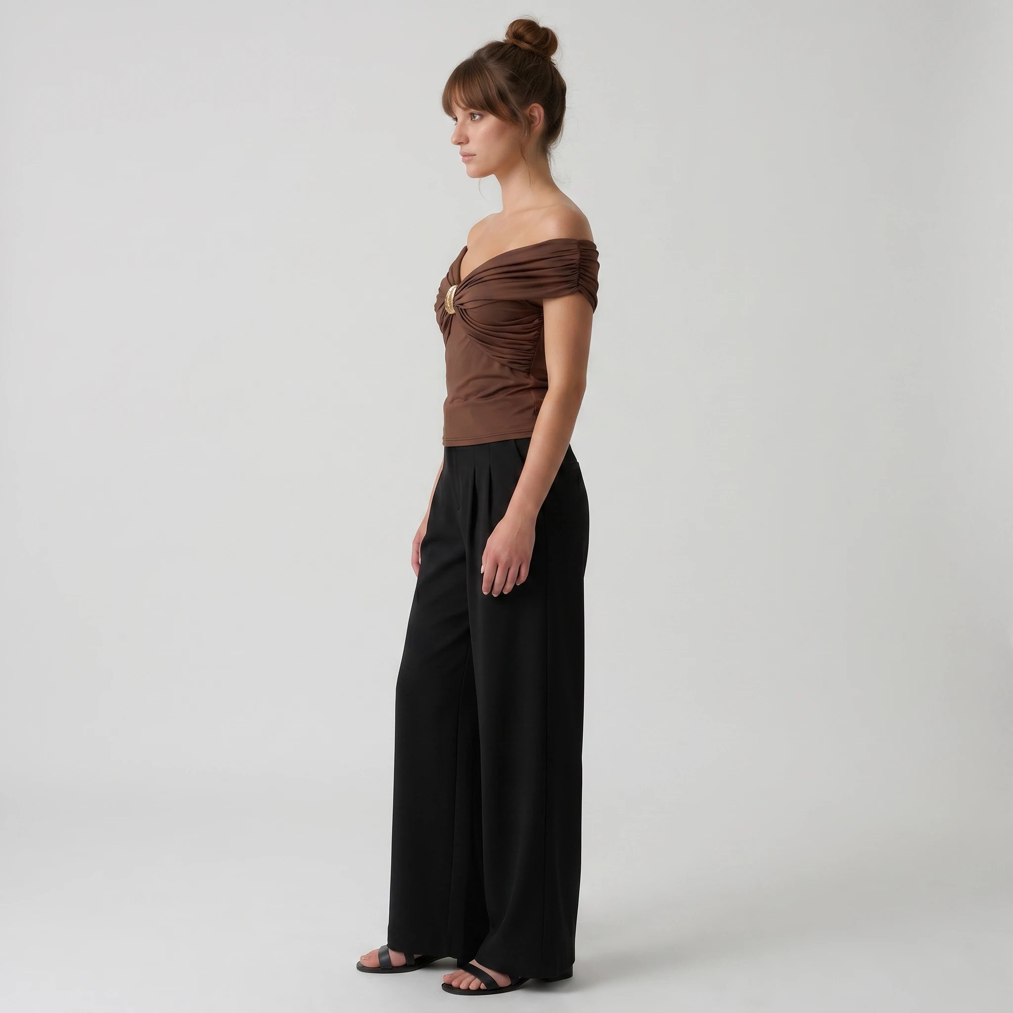 Brown Ruched Off-Shoulder Top WHD0605091-S-2512143