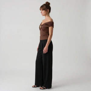 Brown Ruched Off-Shoulder Top WHD0605091-S-2512143