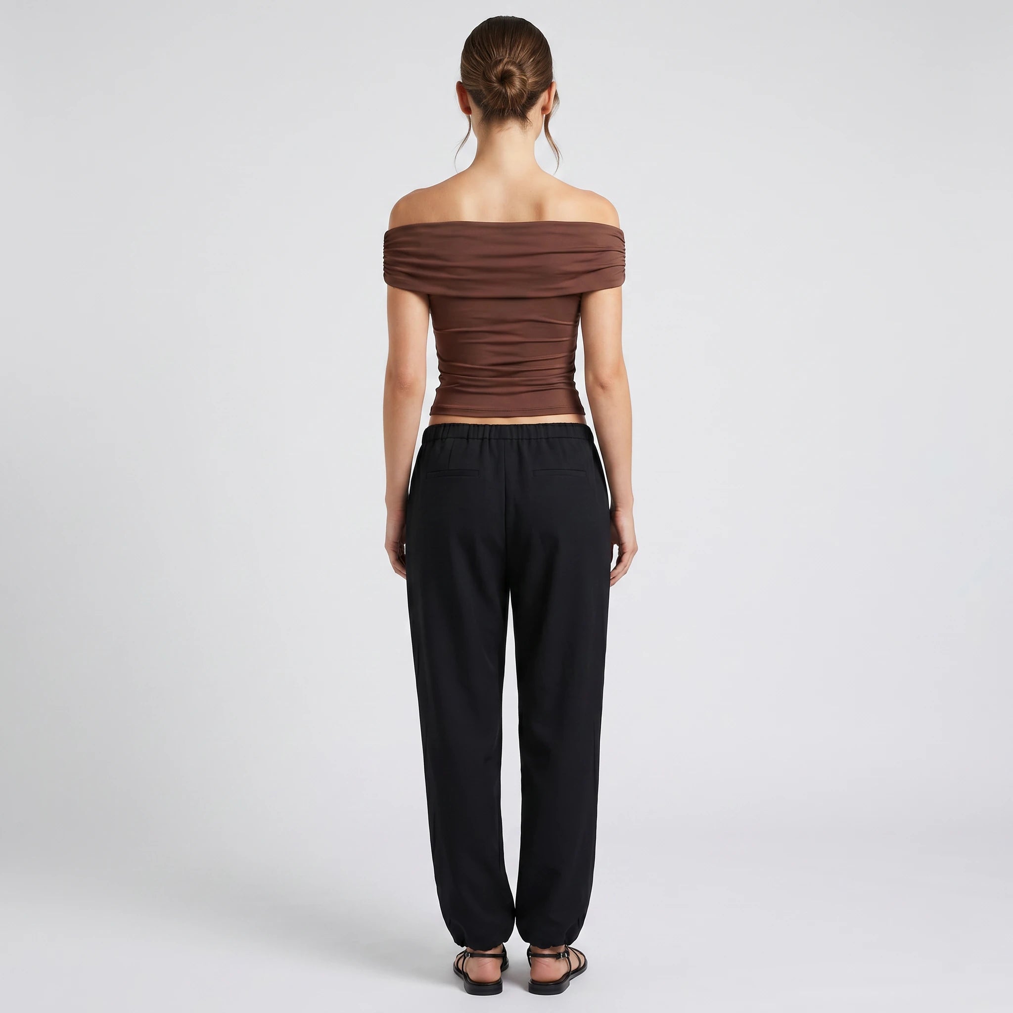 Brown Ruched Off-Shoulder Top WHD0605091-S-2512143