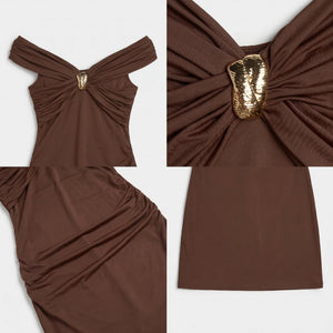 Brown Ruched Off-Shoulder Top WHD0605091-S-2512143