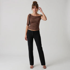 Brown Floral-Detail Asymmetric Top WHD0605092-S-260145