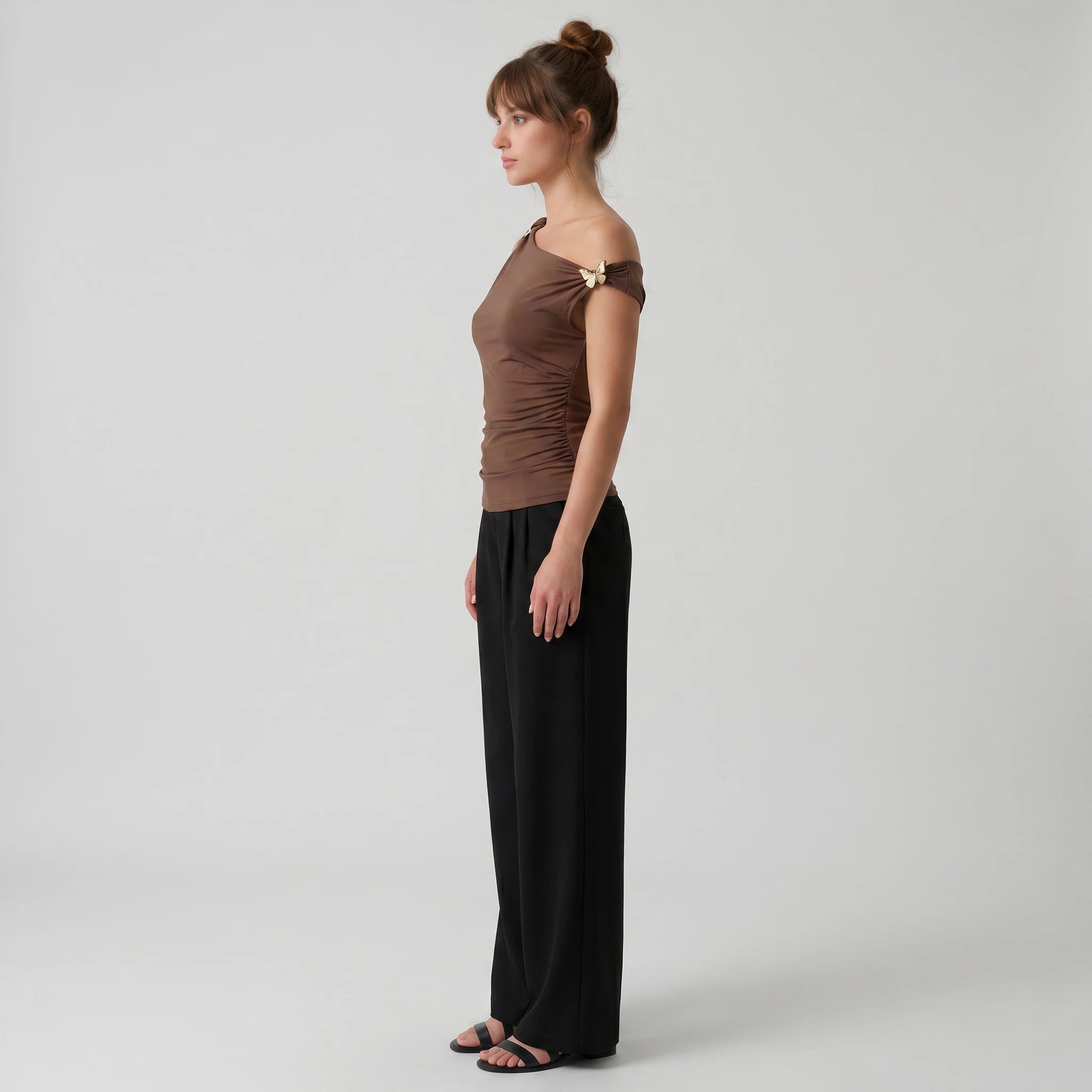 Brown Floral-Detail Asymmetric Top WHD0605092-S-260145
