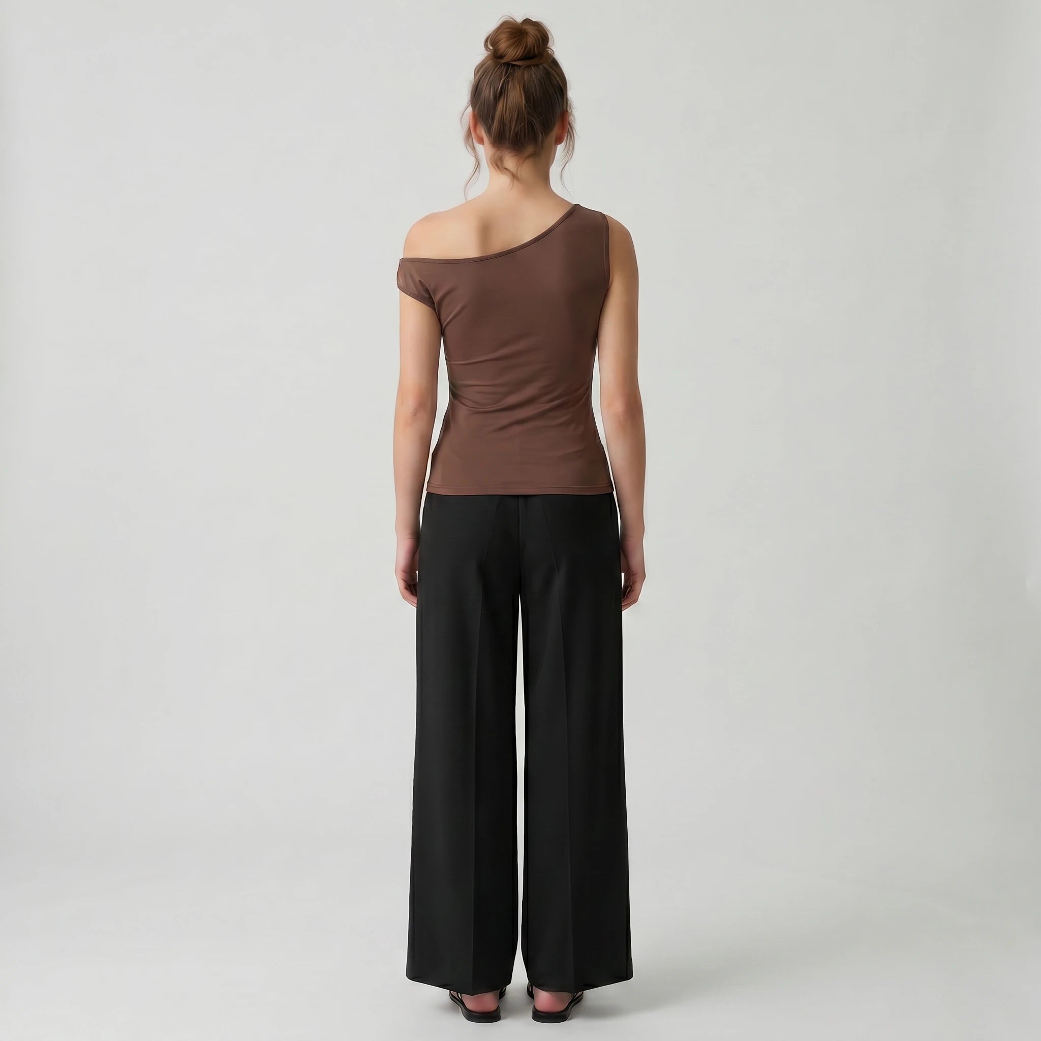 Brown Floral-Detail Asymmetric Top WHD0605092-S-260145