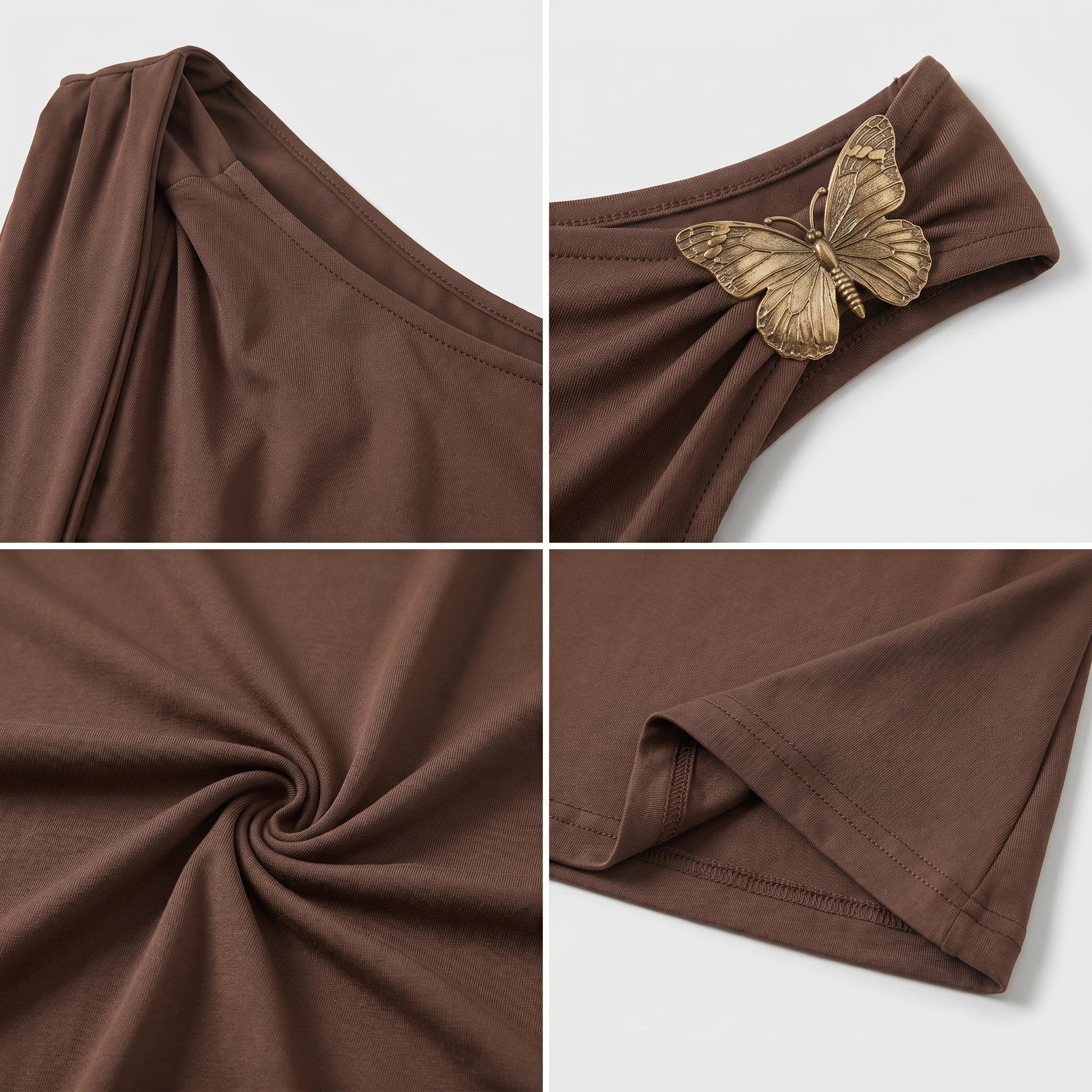 Brown Floral-Detail Asymmetric Top WHD0605092-S-260145