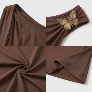 Brown Floral-Detail Asymmetric Top WHD0605092-S-260145