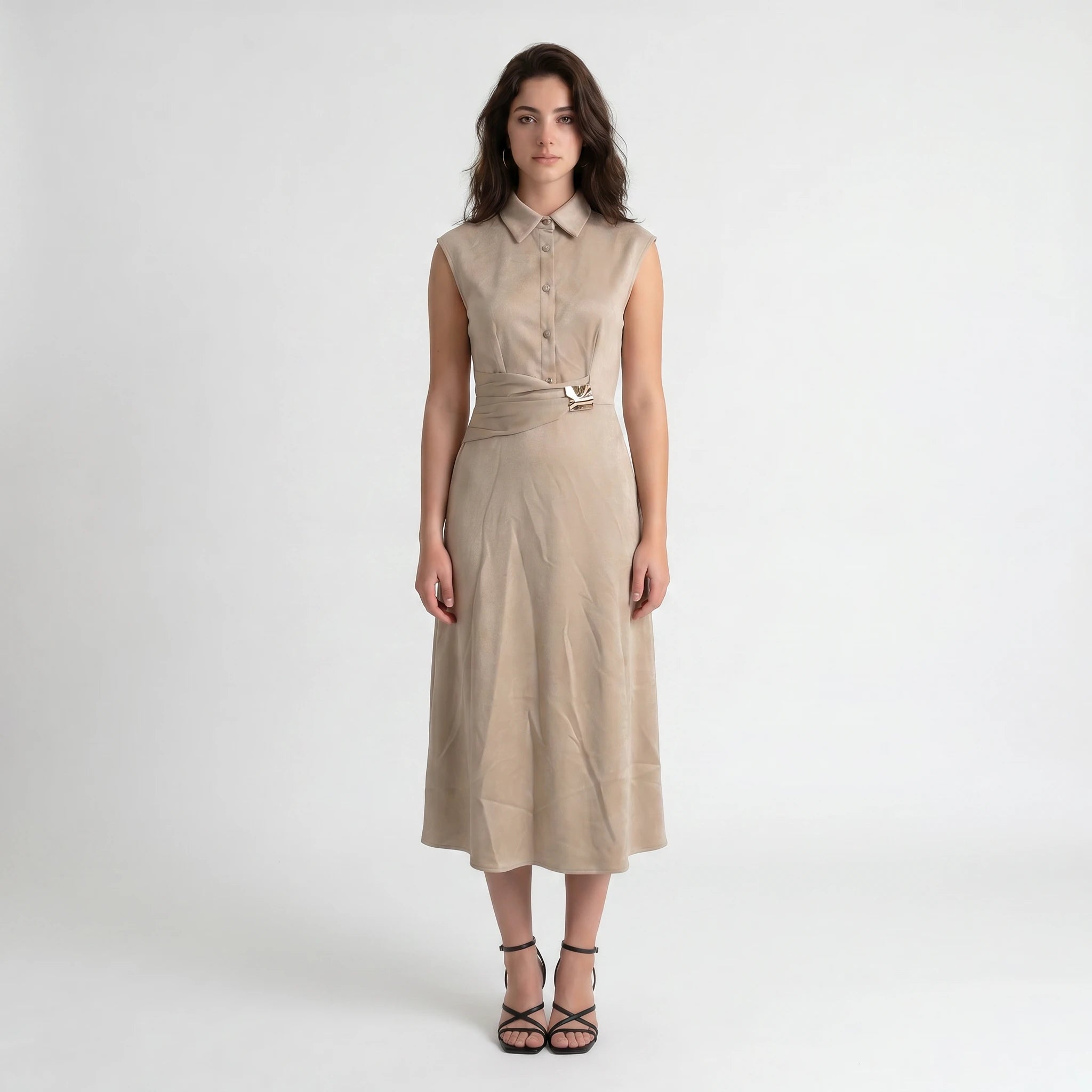 Buckle Waist Sleeveless Midi Dress WHD0605108-S-260152