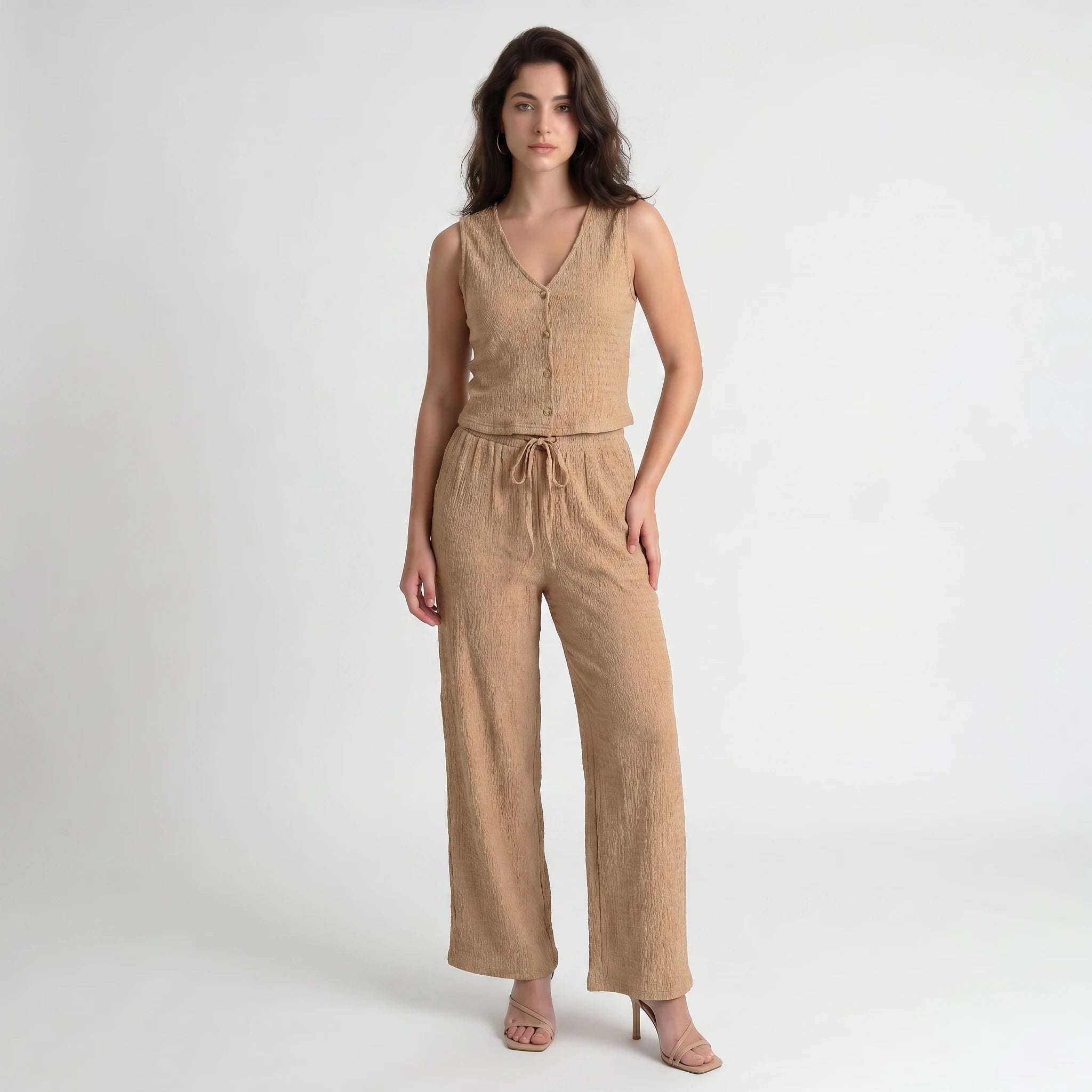 Textured V-Neck Pant Set WHD0605157-S-250968