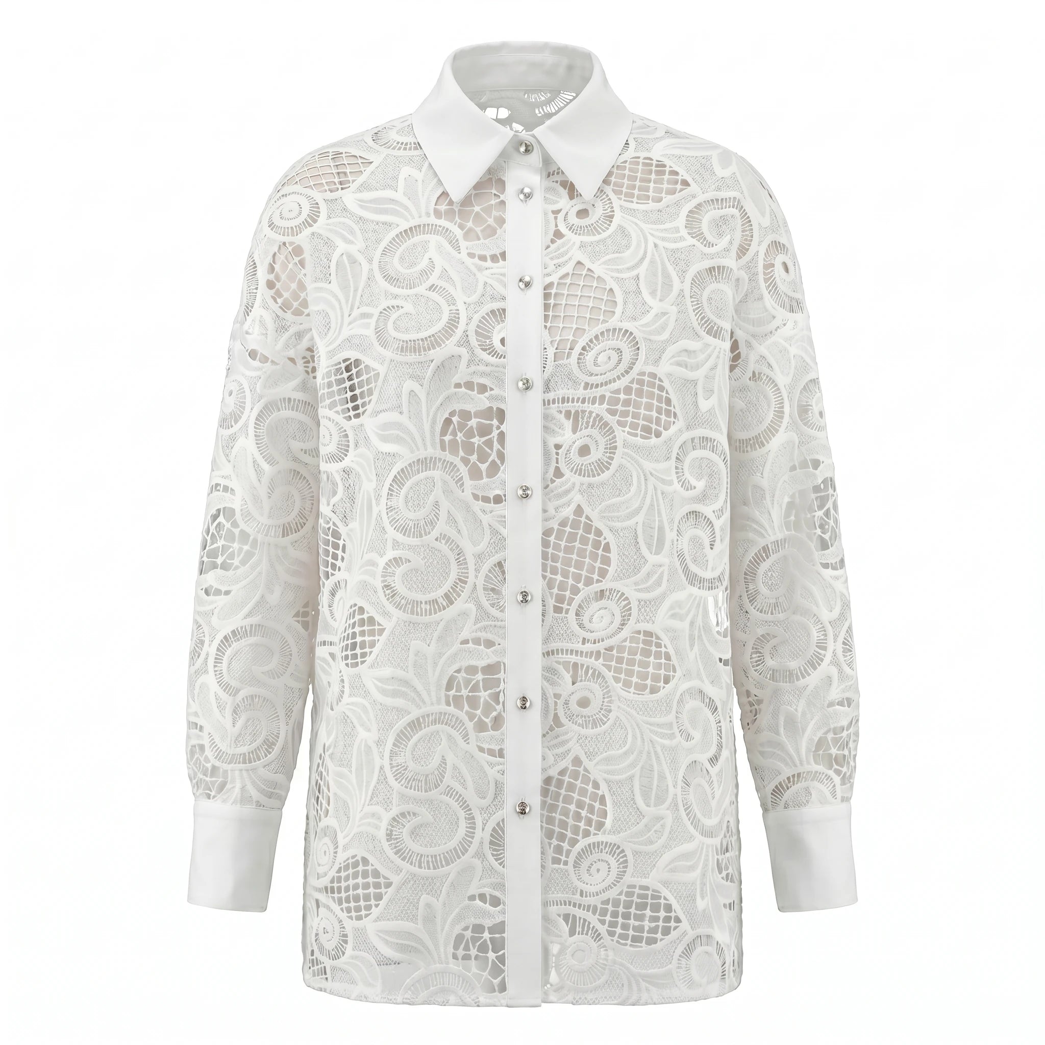 White Lace Button Front Blouse WHD0605162-SZ-241101