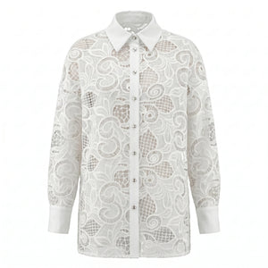 White Lace Button Front Blouse WHD0605162-SZ-241101