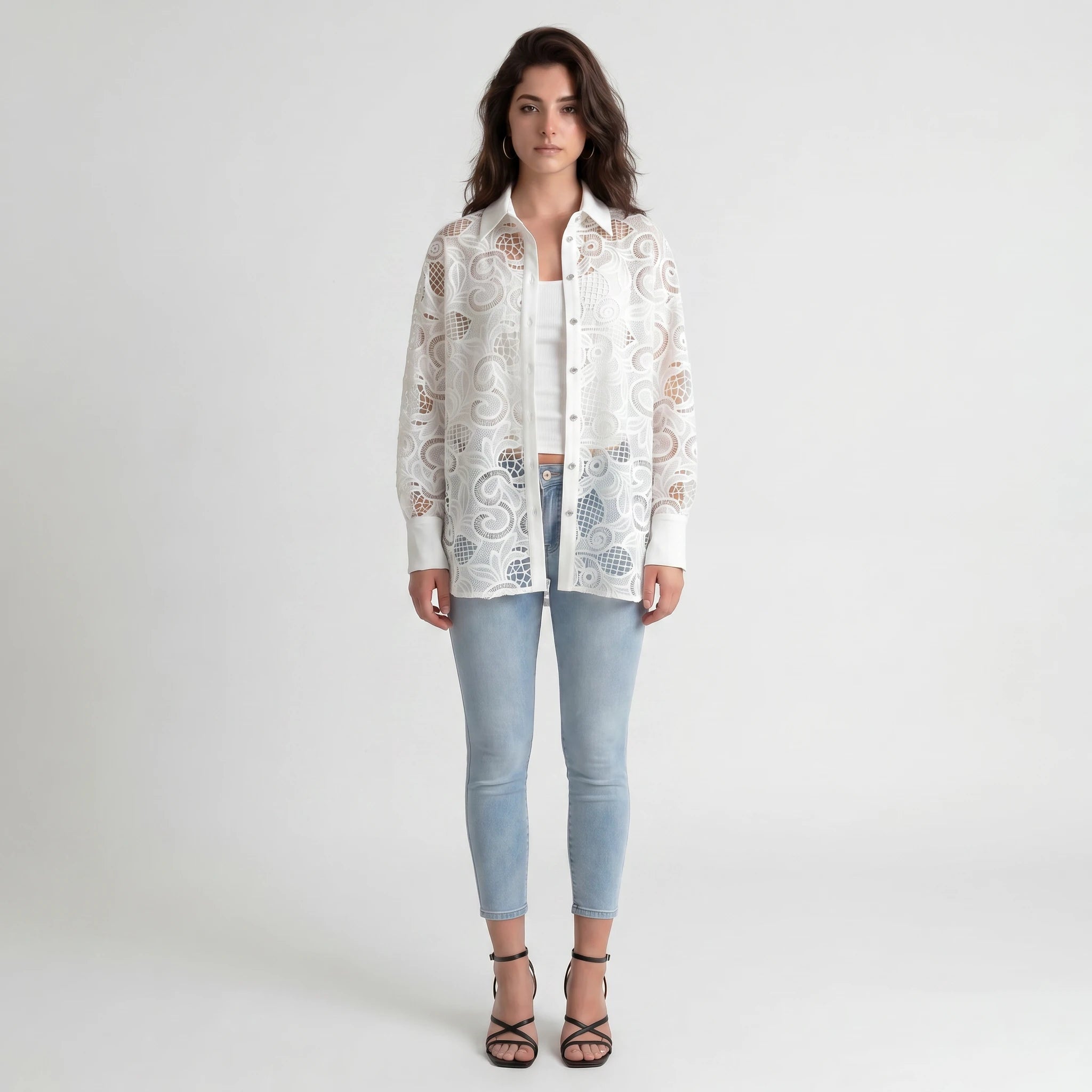 White Lace Button Front Blouse WHD0605162-SZ-241101