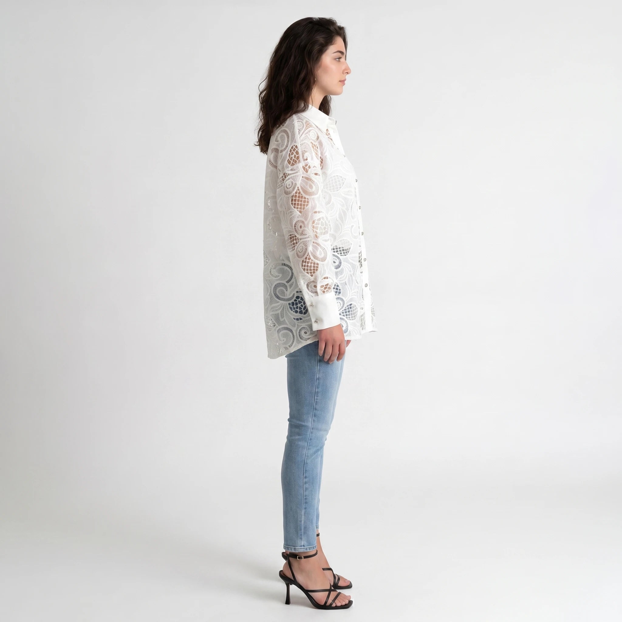 White Lace Button Front Blouse WHD0605162-SZ-241101