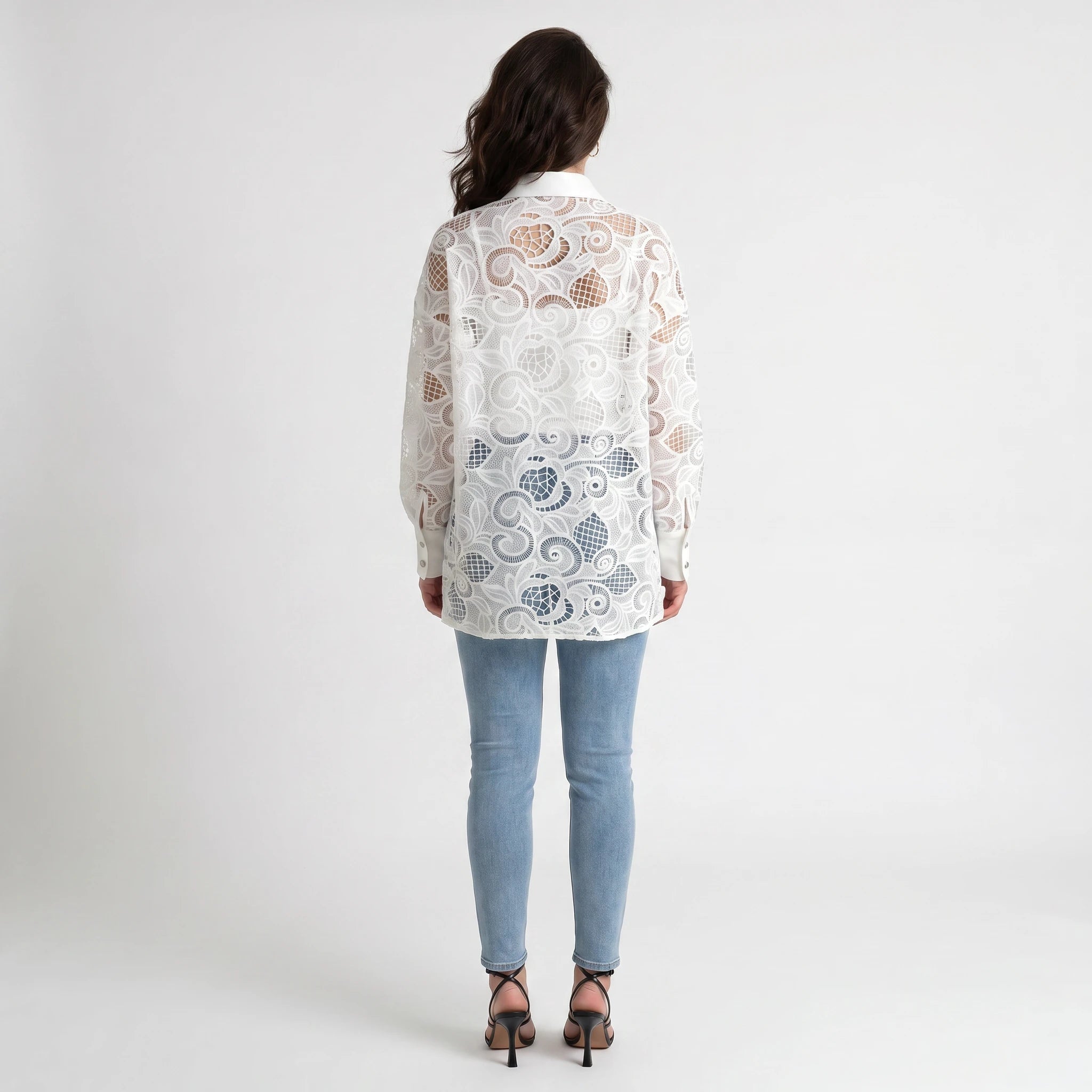 White Lace Button Front Blouse WHD0605162-SZ-241101