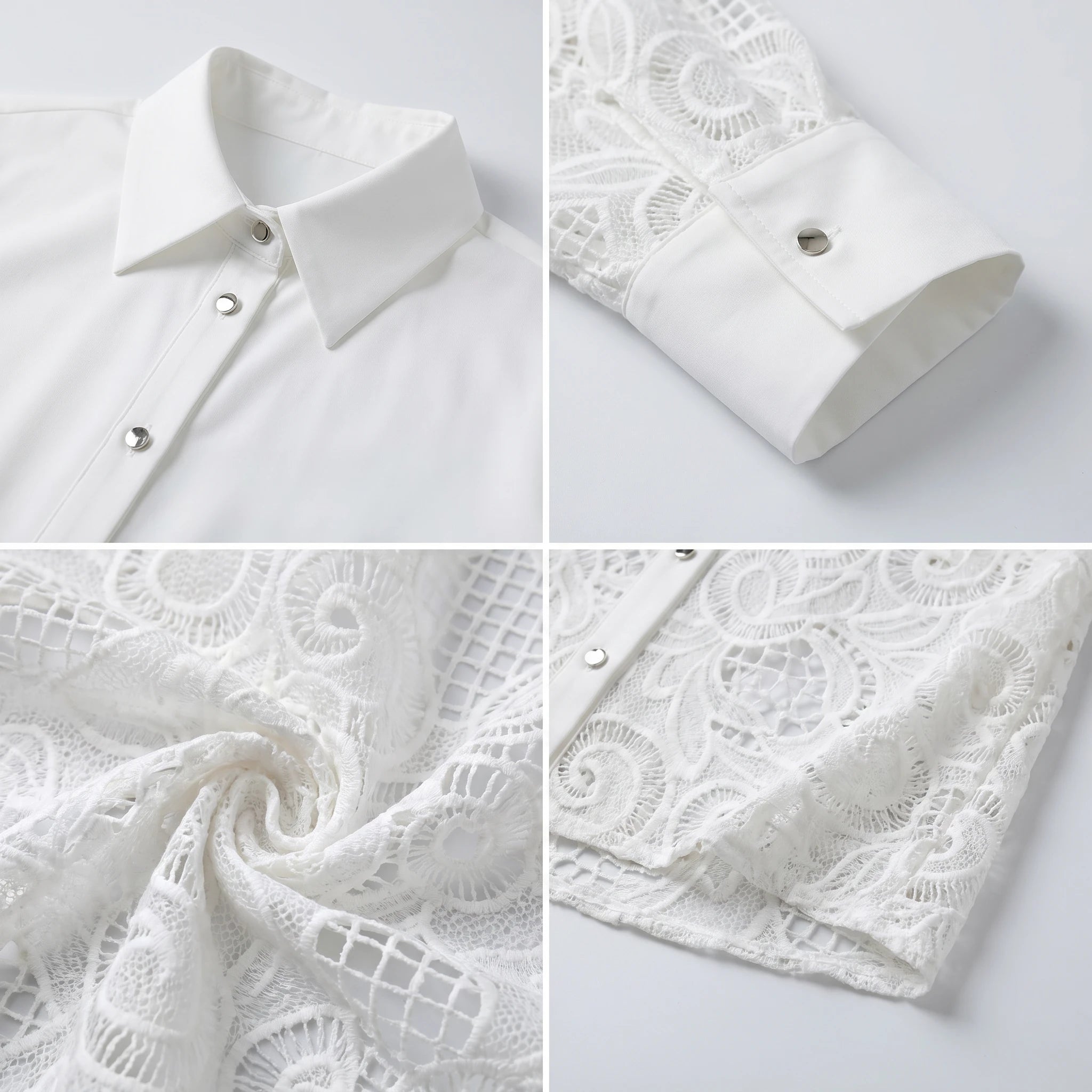 White Lace Button Front Blouse WHD0605162-SZ-241101