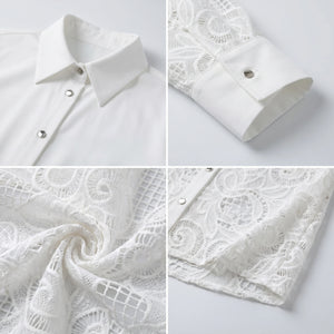 White Lace Button Front Blouse WHD0605162-SZ-241101