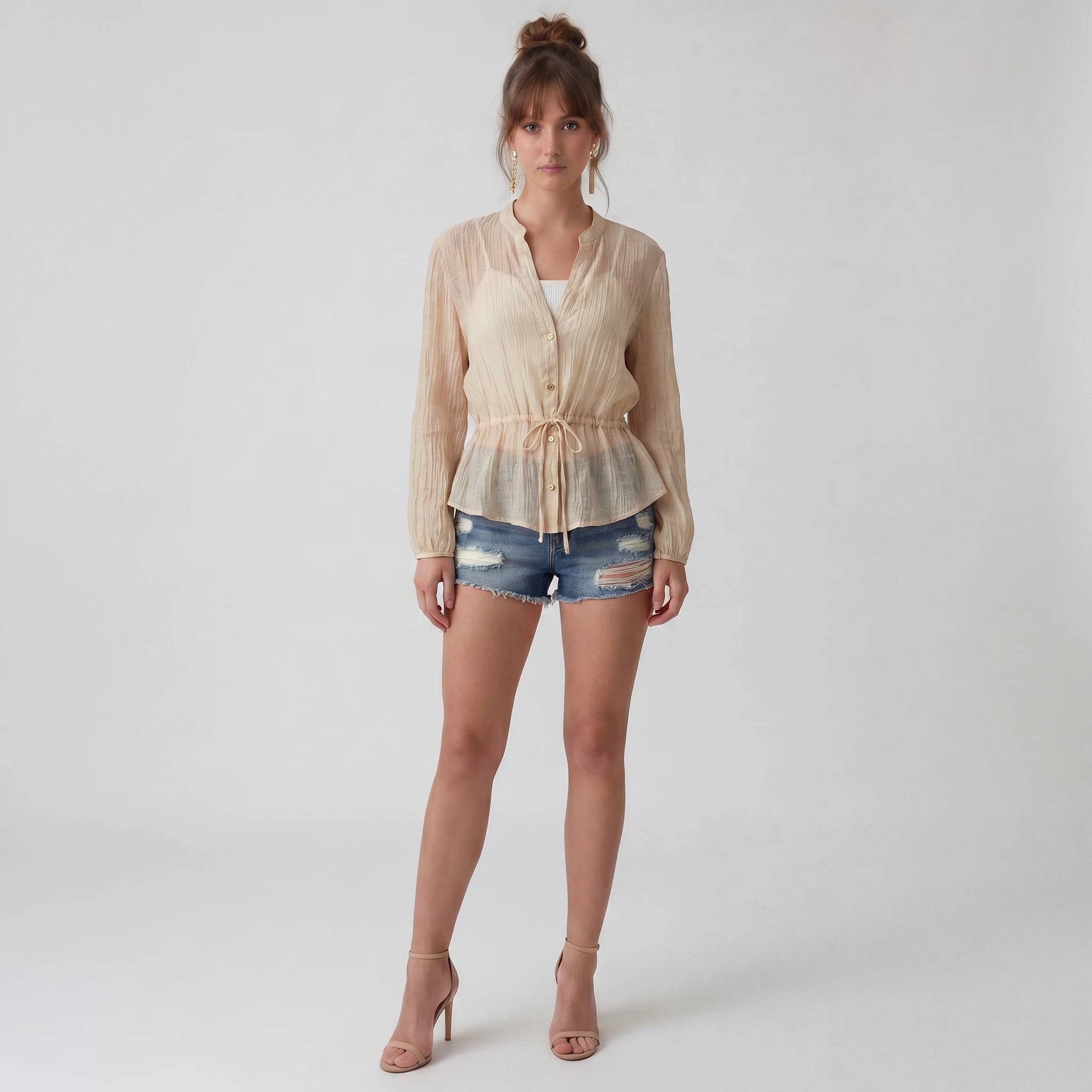 Crinkled Drawstring Waist Blouse WHD0605164-S-250869