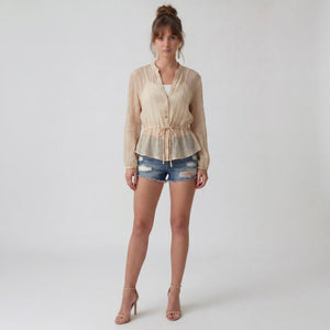 Crinkled Drawstring Waist Blouse WHD0605164-S-250869