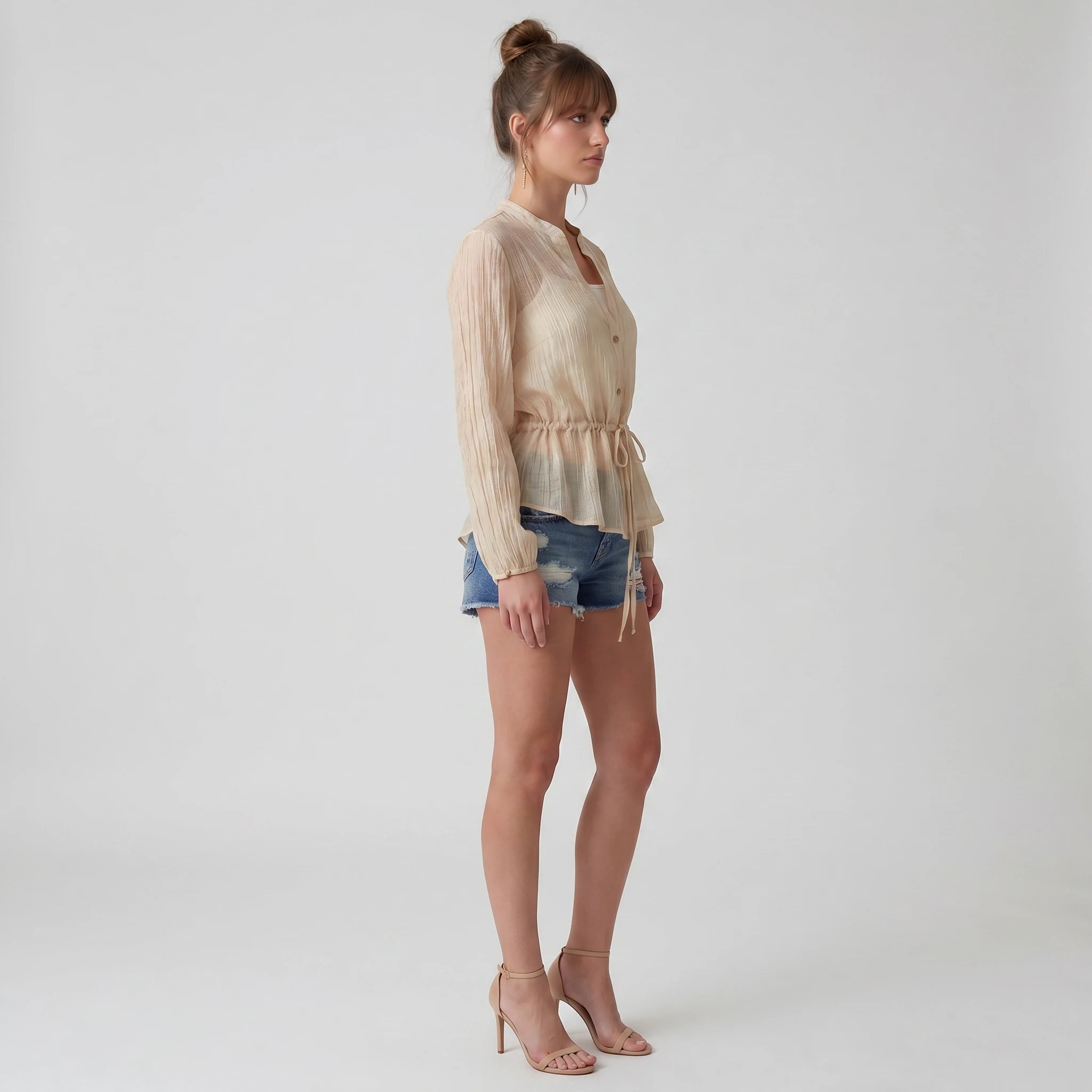 Crinkled Drawstring Waist Blouse WHD0605164-S-250869