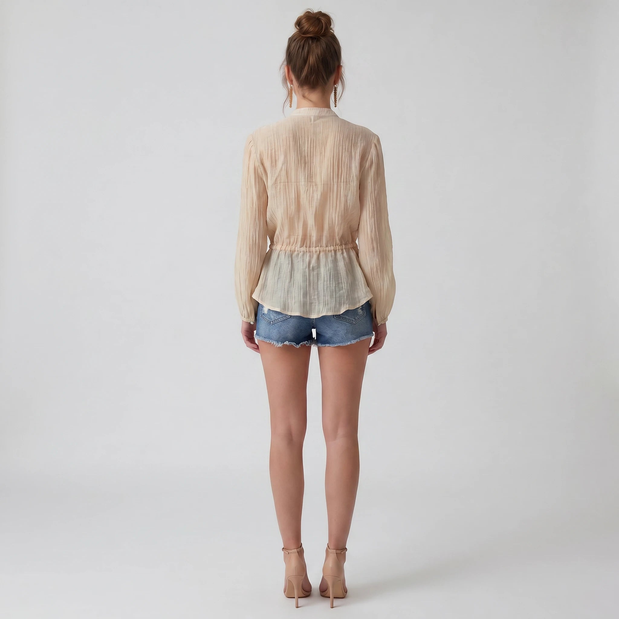 Crinkled Drawstring Waist Blouse WHD0605164-S-250869