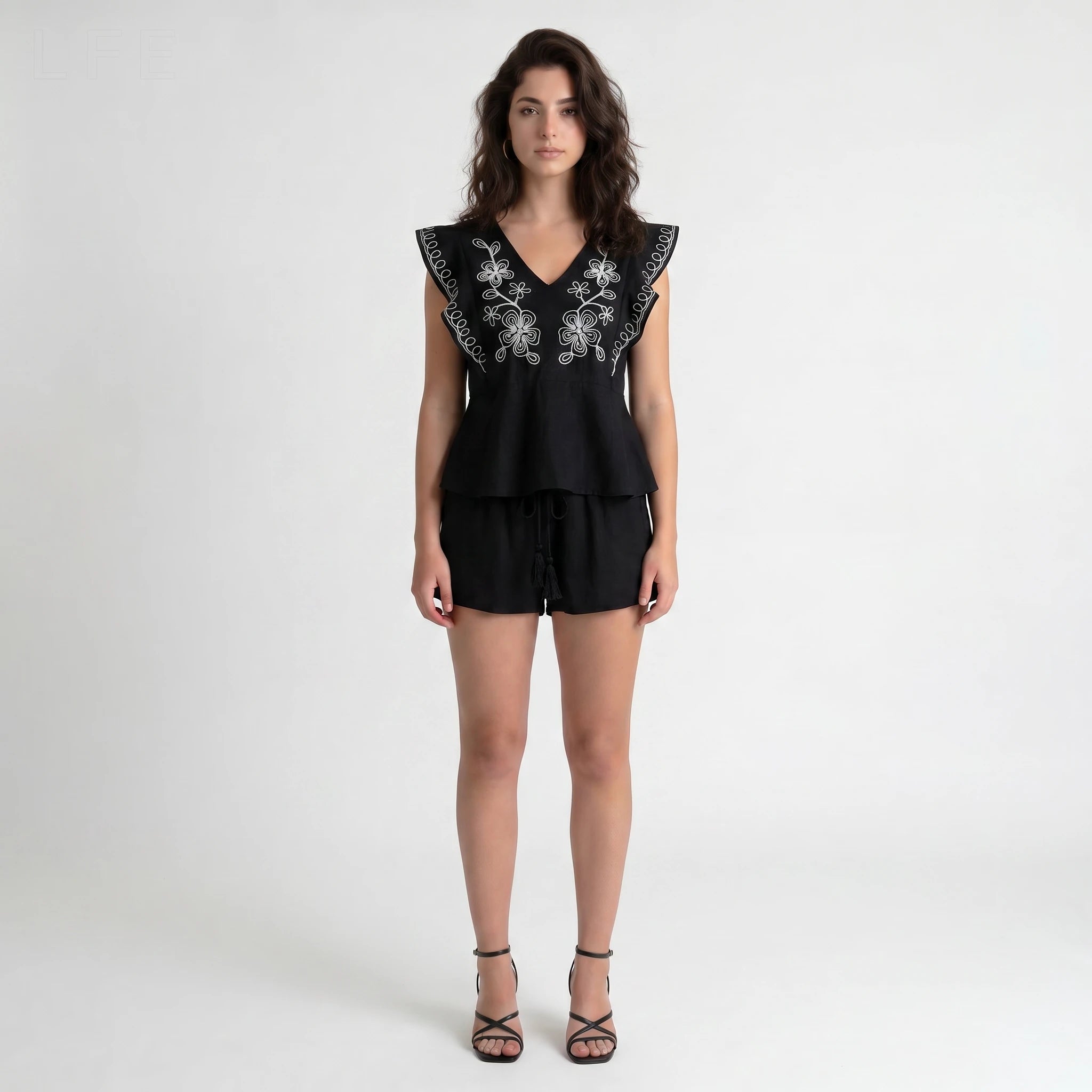 Embroidered Ruffle Shorts Set WHD0605169-S-2506121