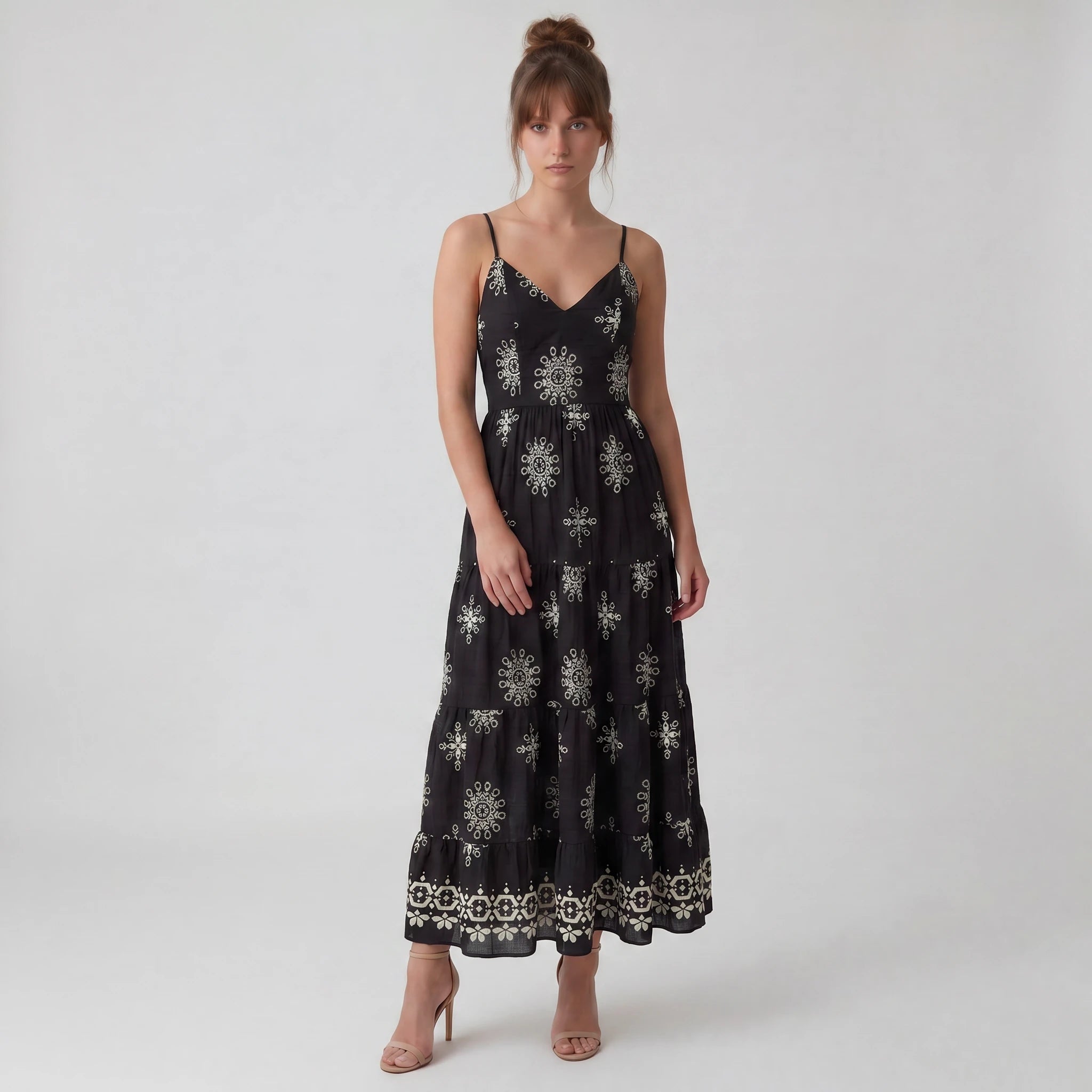 Embroidered Tie-Back Maxi Dress WHD0605171-S-250724
