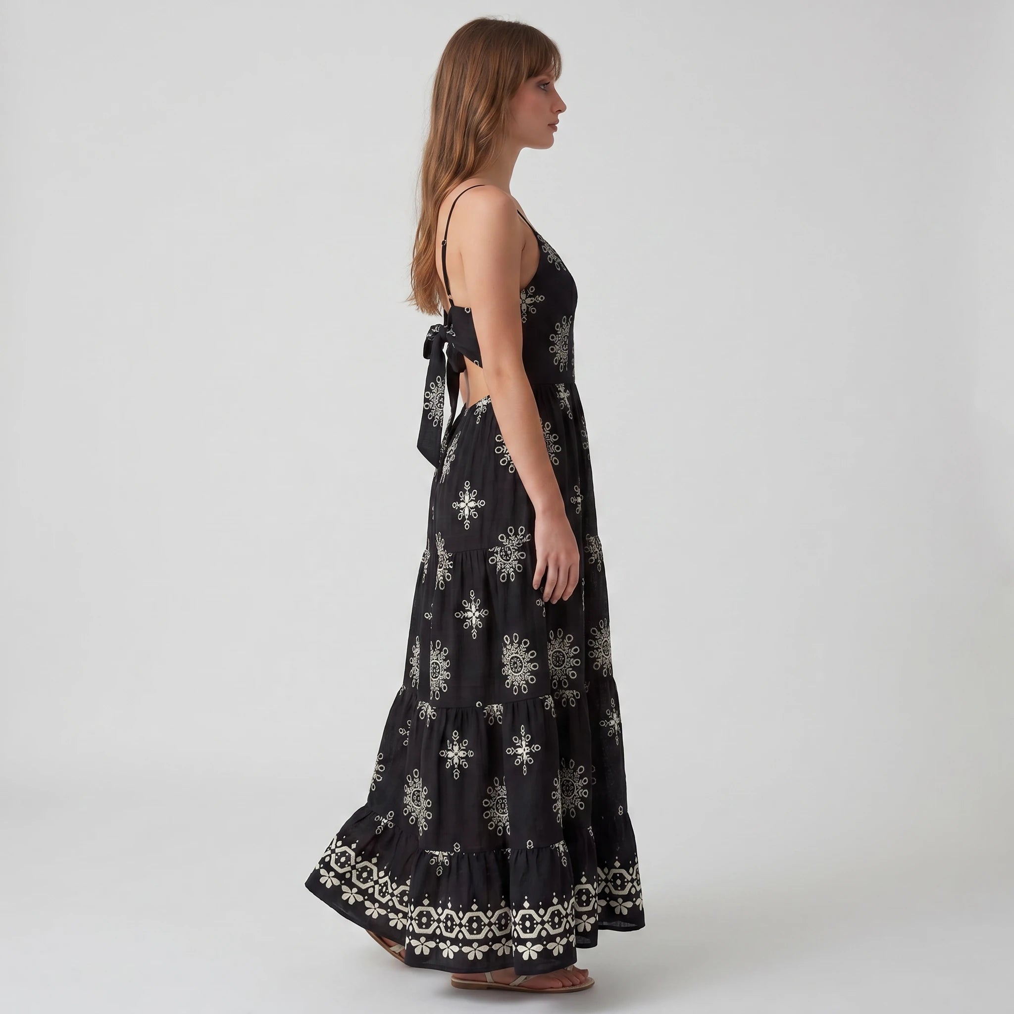 Embroidered Tie-Back Maxi Dress WHD0605171-S-250724