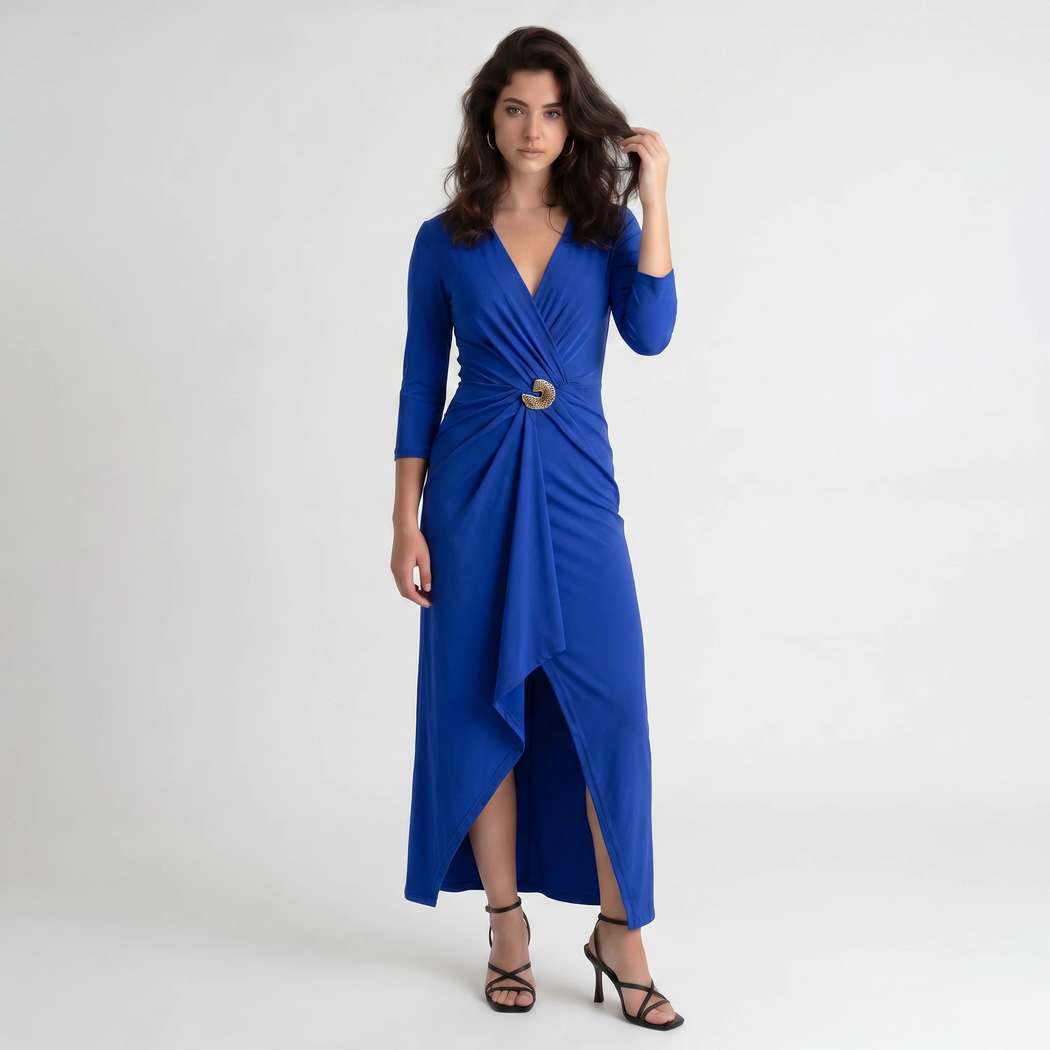Ruched V-Neck Midi Dress WHD0605177-S-2510130