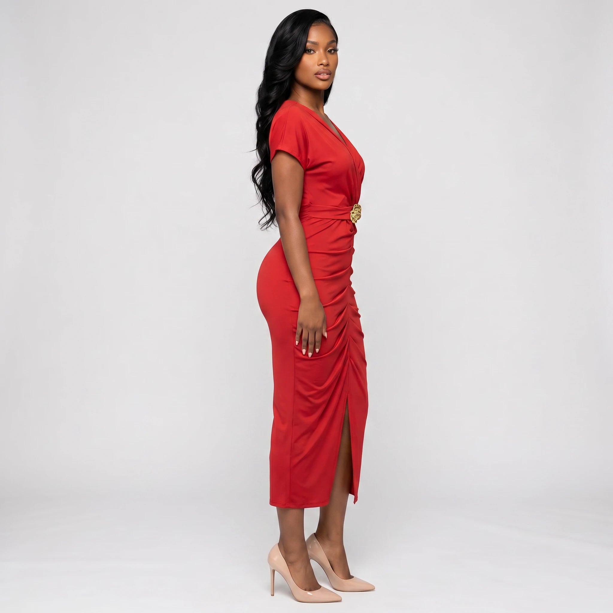 Ruched Buckle Midi Dress WHD0605184-LF2534