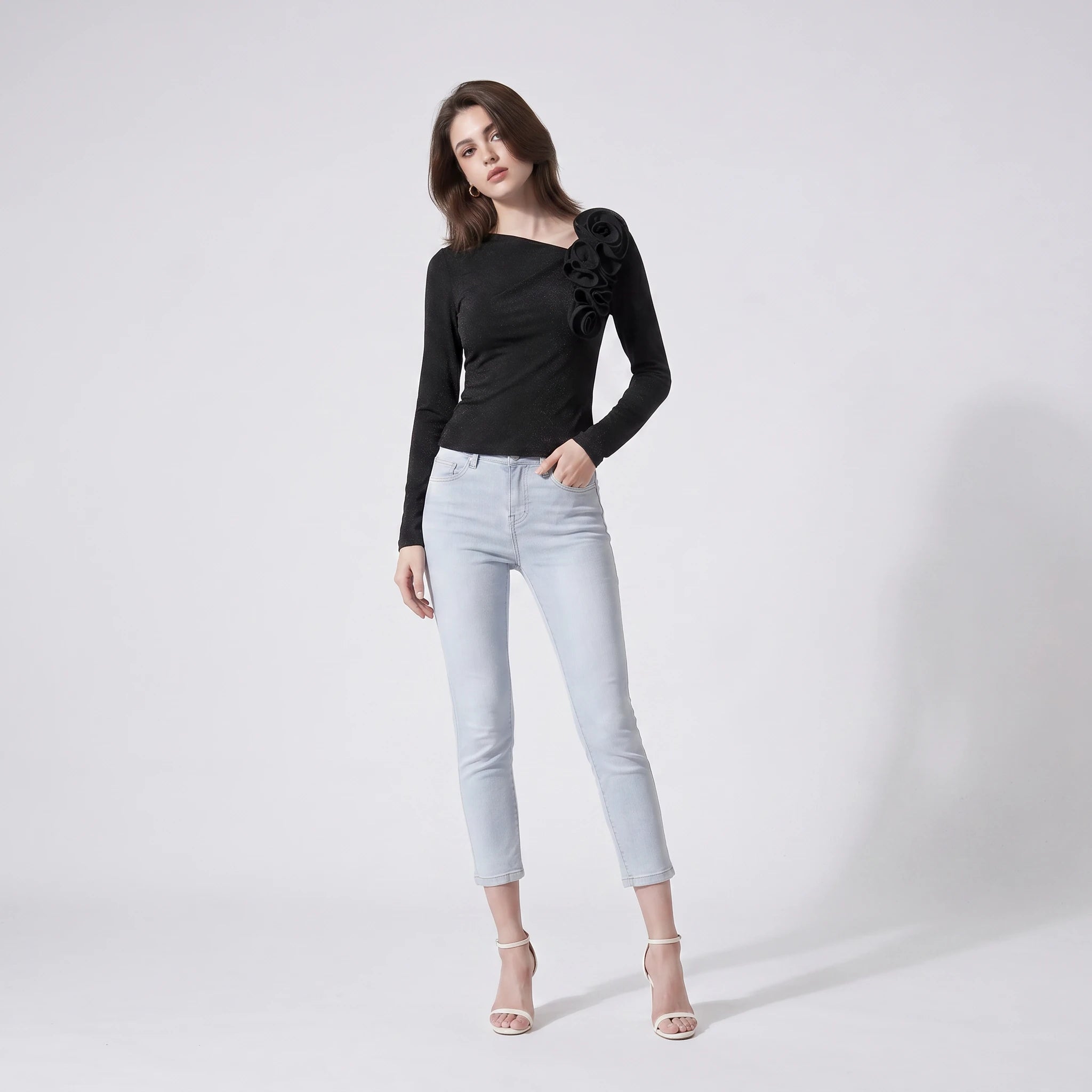 Asymmetric Rosette Long Sleeve Top WHD0605187-S-26012125