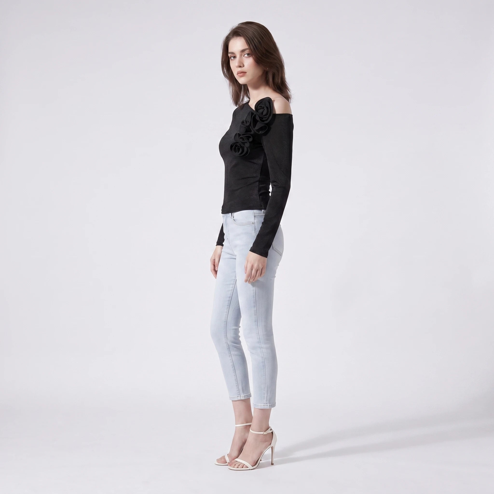 Asymmetric Rosette Long Sleeve Top WHD0605187-S-26012125