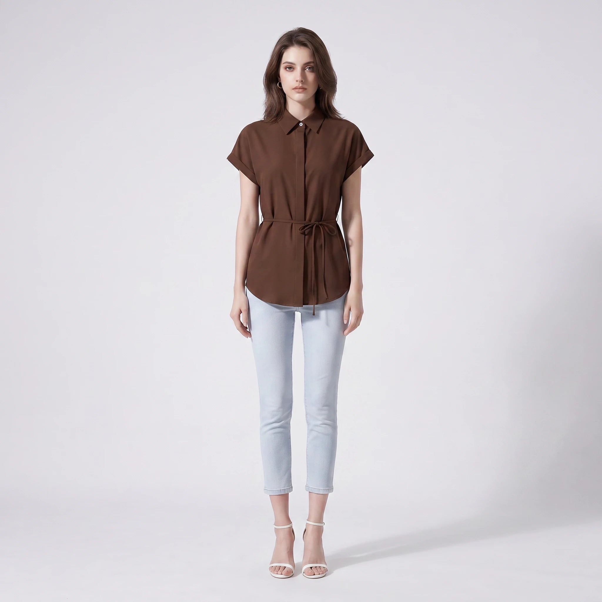 Belted Short Sleeve Shirt Top WHD0605192-S-2601220