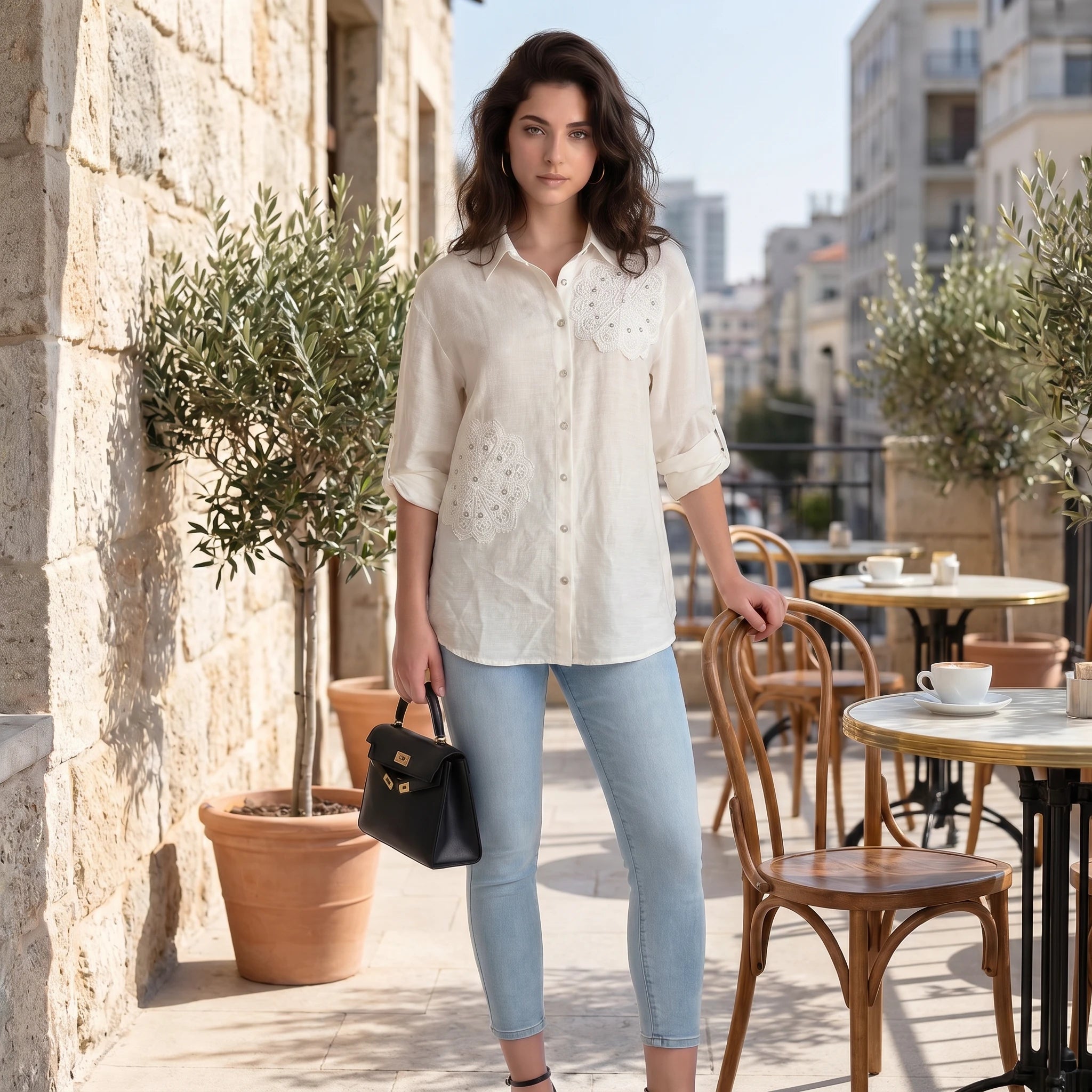 Floral Appliqué Button Shirt WHD0605207-S-250761-1