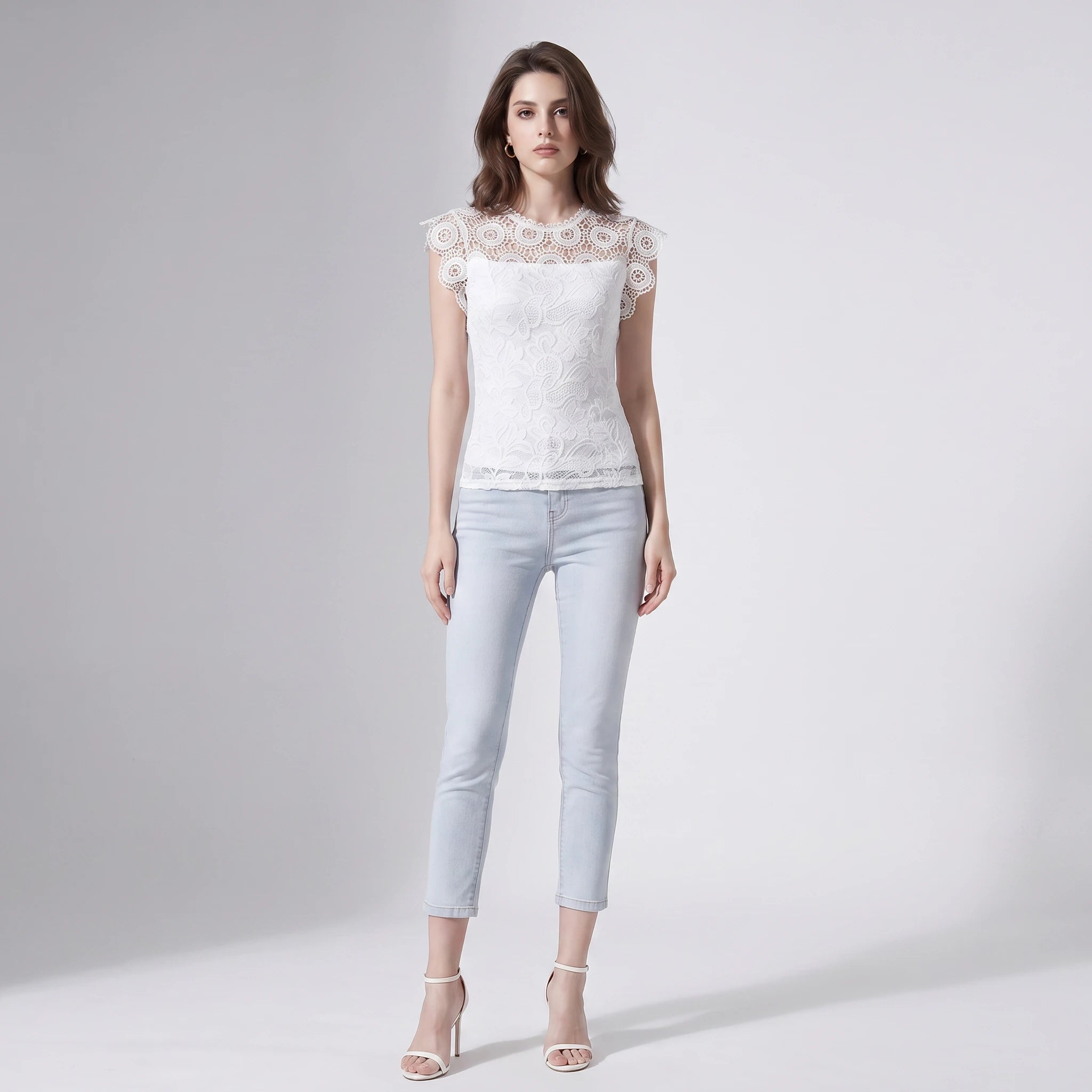 White Lace Cap Sleeve Top WHD0605208-SHE-230516