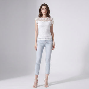 White Lace Cap Sleeve Top WHD0605208-SHE-230516