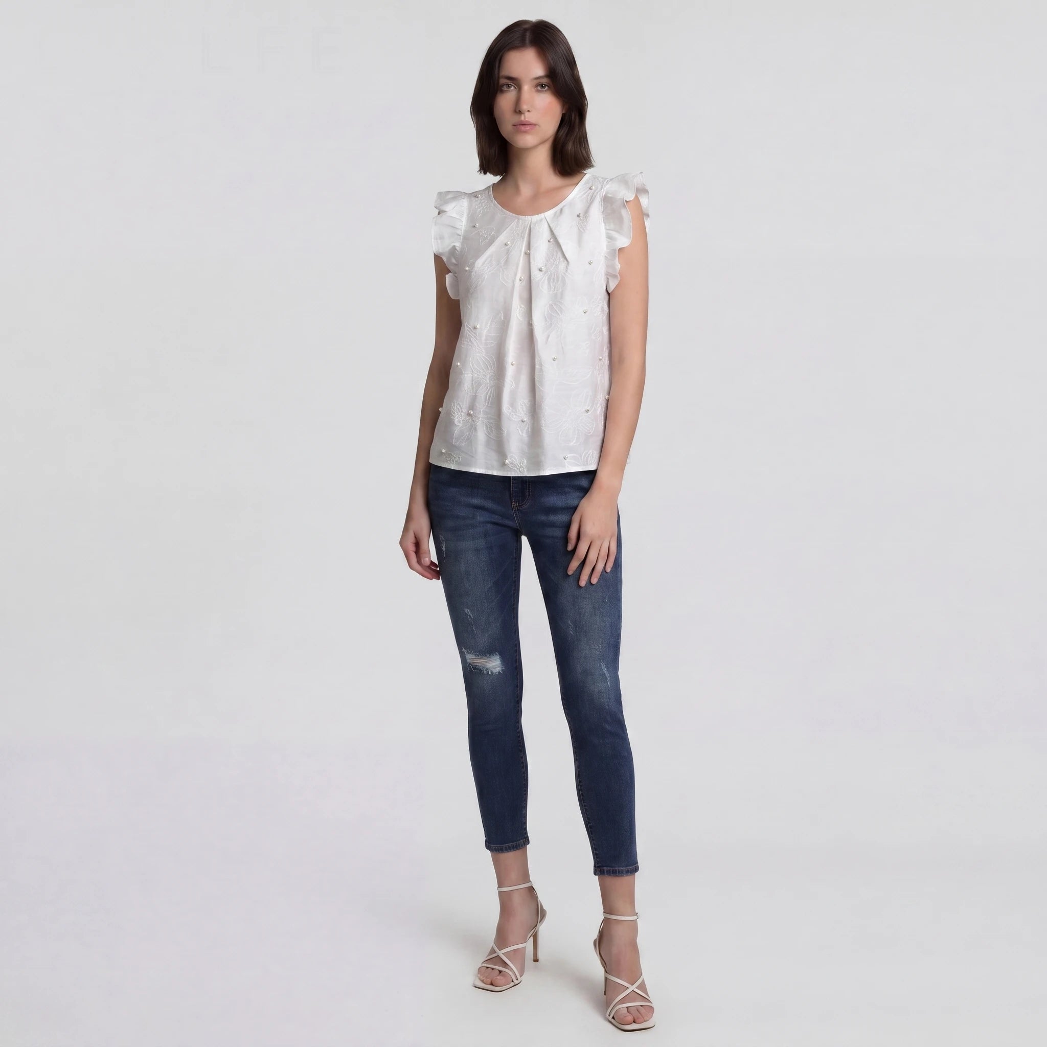 Pearl Embroidered Ruffle Sleeve Top WHD0605209-S-251047