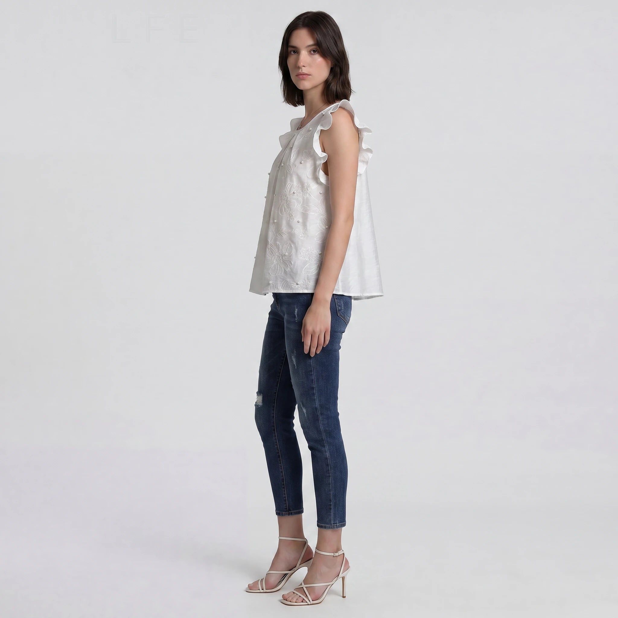 Pearl Embroidered Ruffle Sleeve Top WHD0605209-S-251047