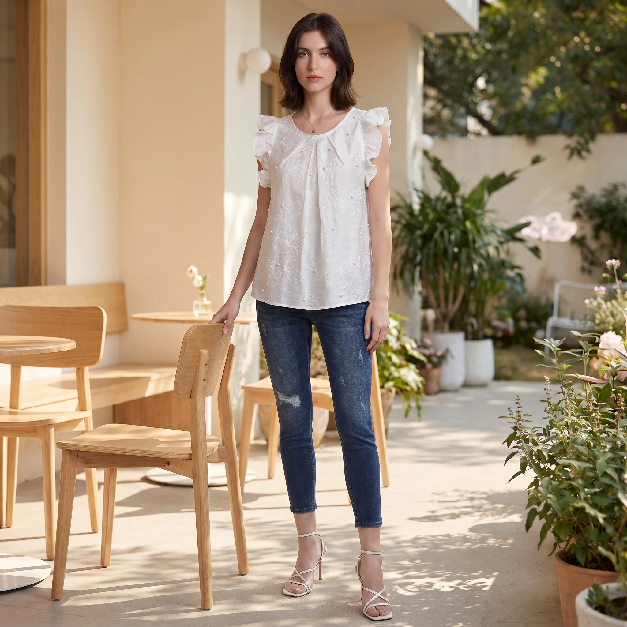 Pearl Embroidered Ruffle Sleeve Top WHD0605209-S-251047