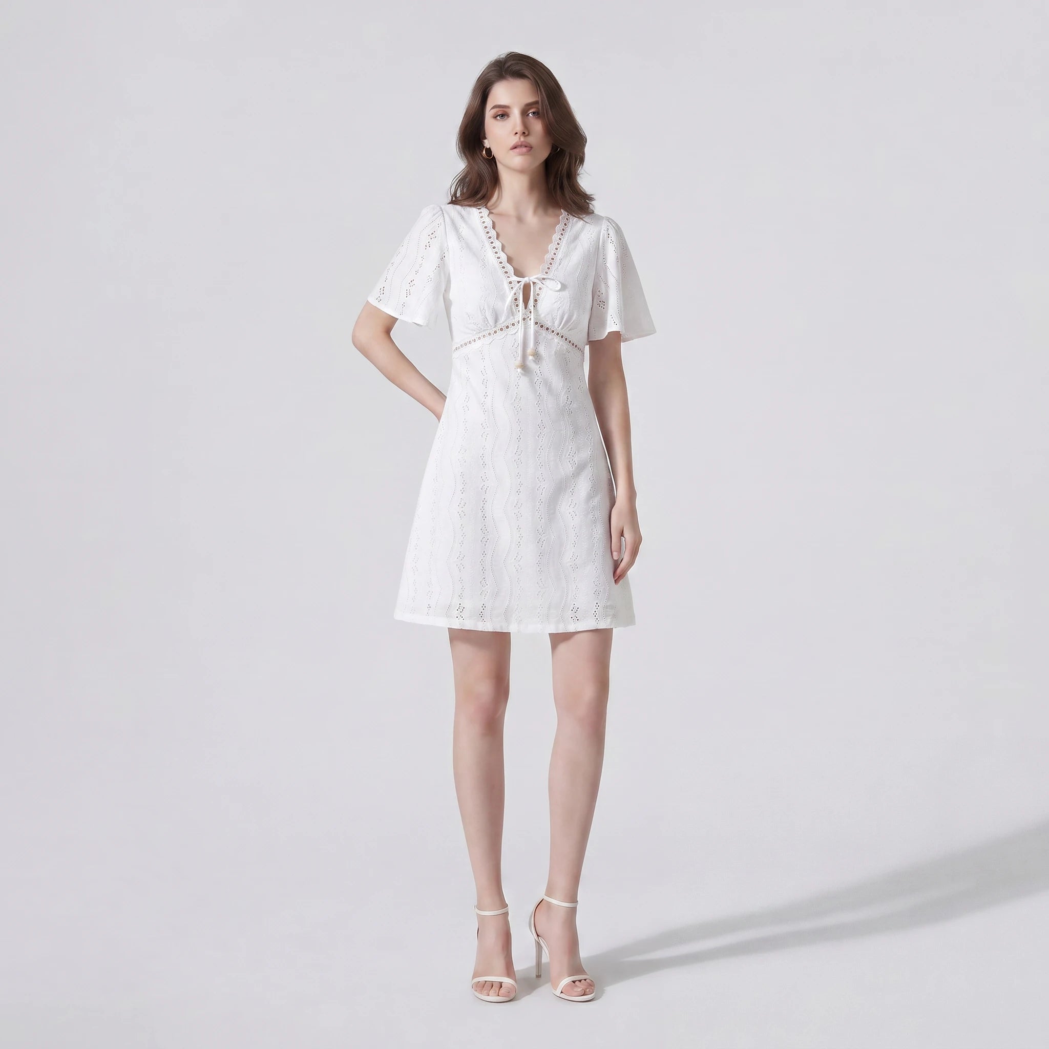 White Eyelet Tie-Front Mini Dress WHD0605210-S-2505273