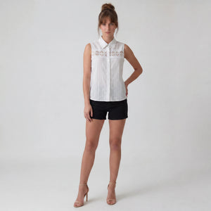White Crochet Panel Sleeveless Shirt WHD0605211-S-260347