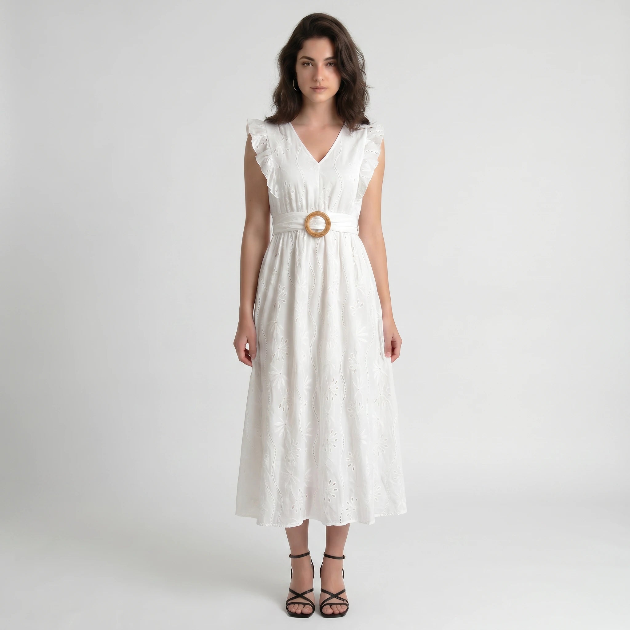 White Cutwork Embroidery Midi Dress