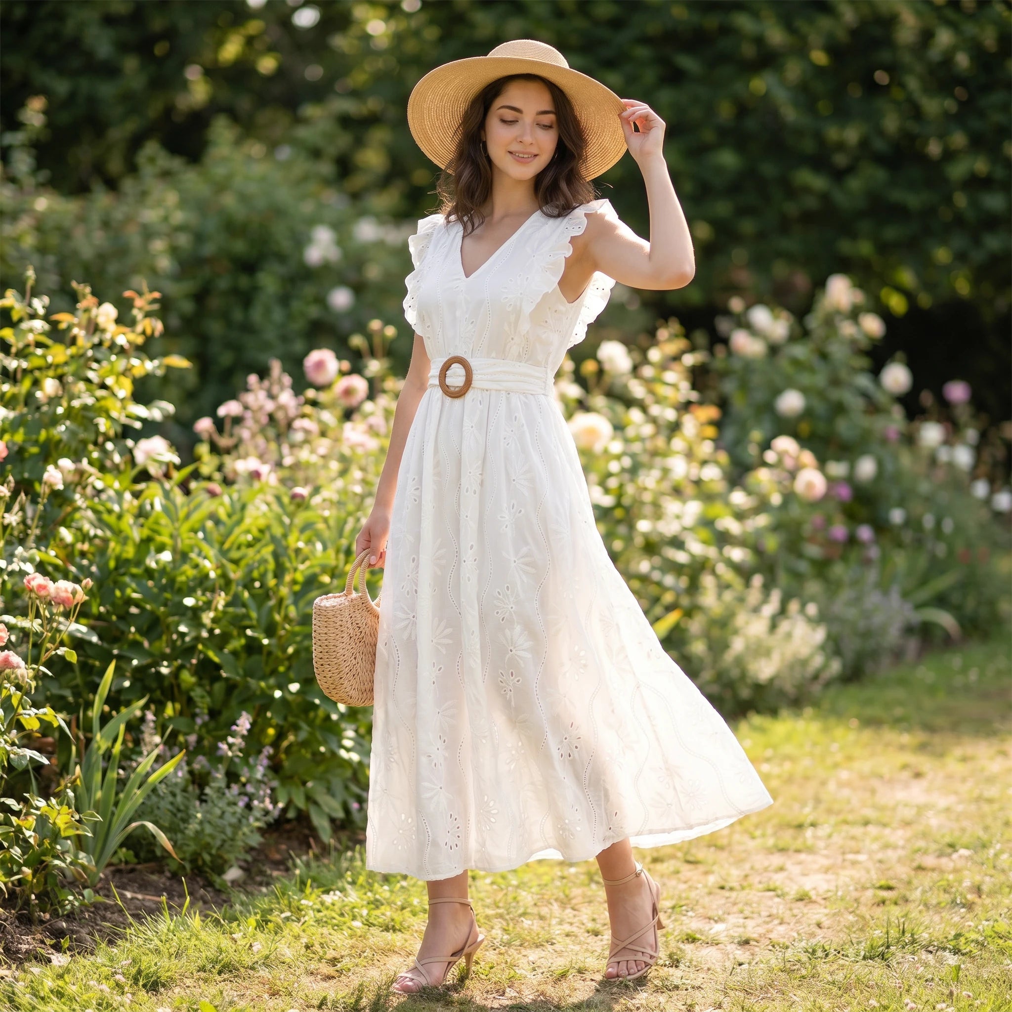 White Cutwork Embroidery Midi Dress WHD0605214-S-2506183